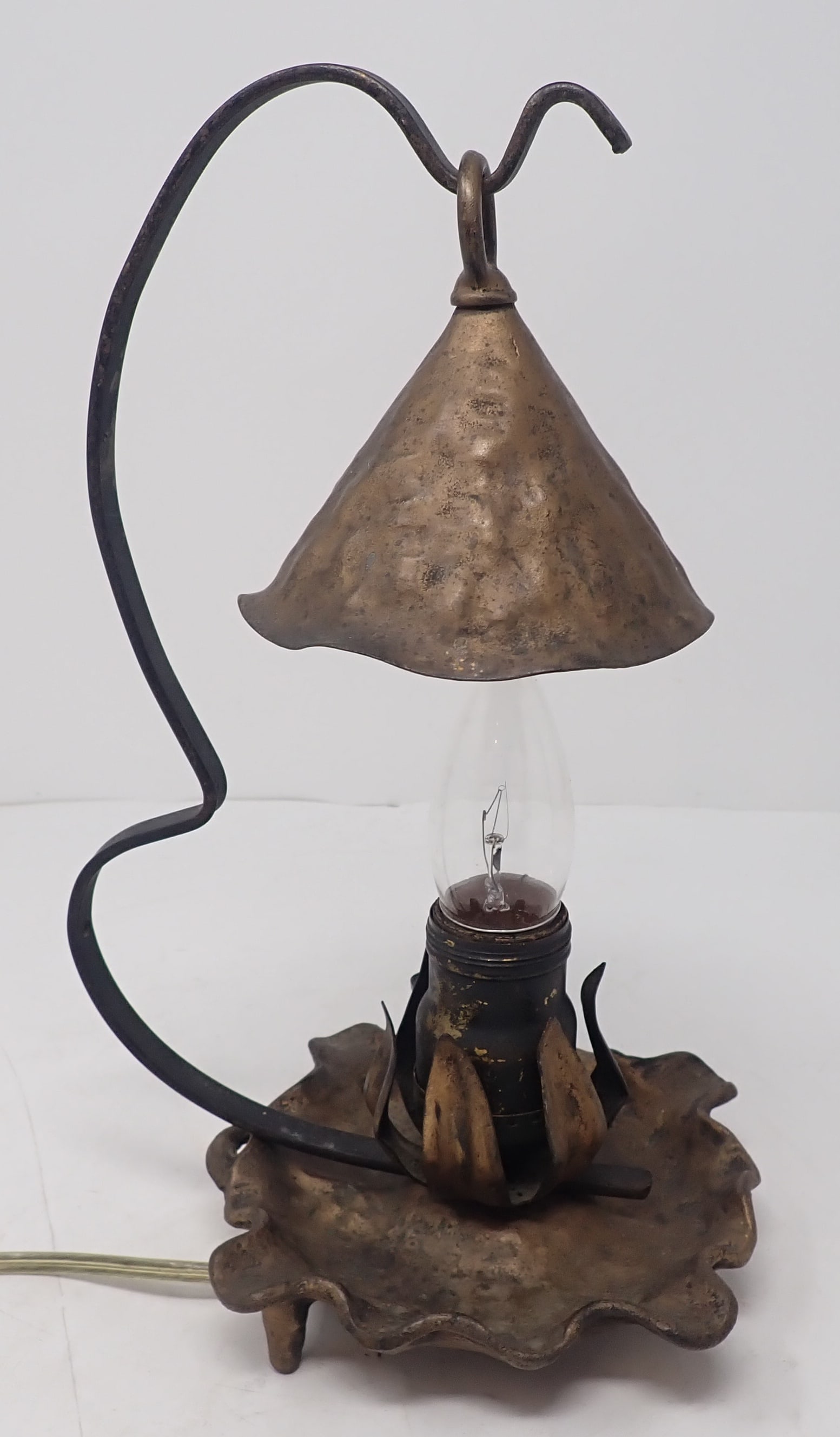 Arts & Crafts Style Lamp w/ Hammered Shade: Approx 10 3/4" tall. This is an iron lamp with a brass finish. Shipping available.