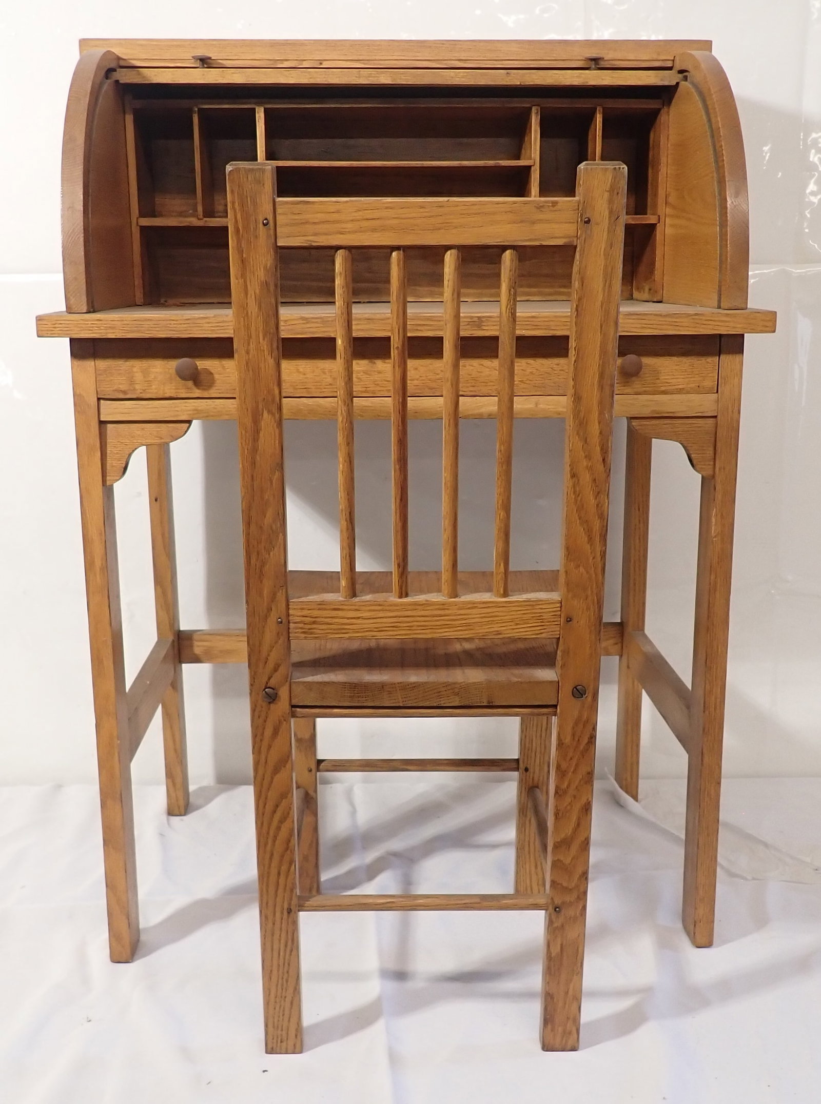 Childrens Rolltop Desk & Chair: Desk is approx 15 1/2" x 24" x 33 3/4" tall. No in house shipping !