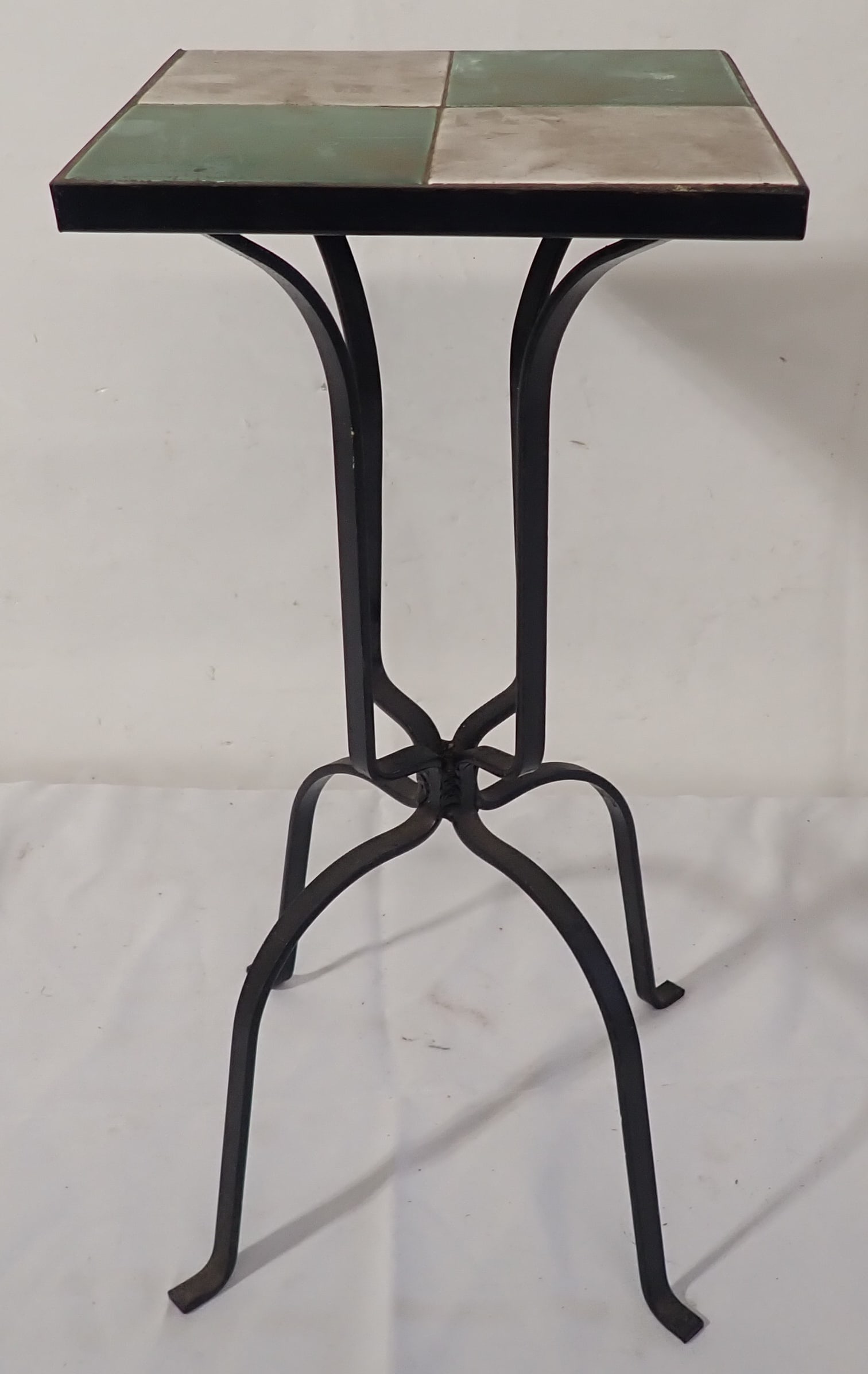 Iron Plant Stand w/ Green & White Tile Top: Apprx 8 3/4" x 8 7/8" x 19 3/8" tall. No in house shipping !