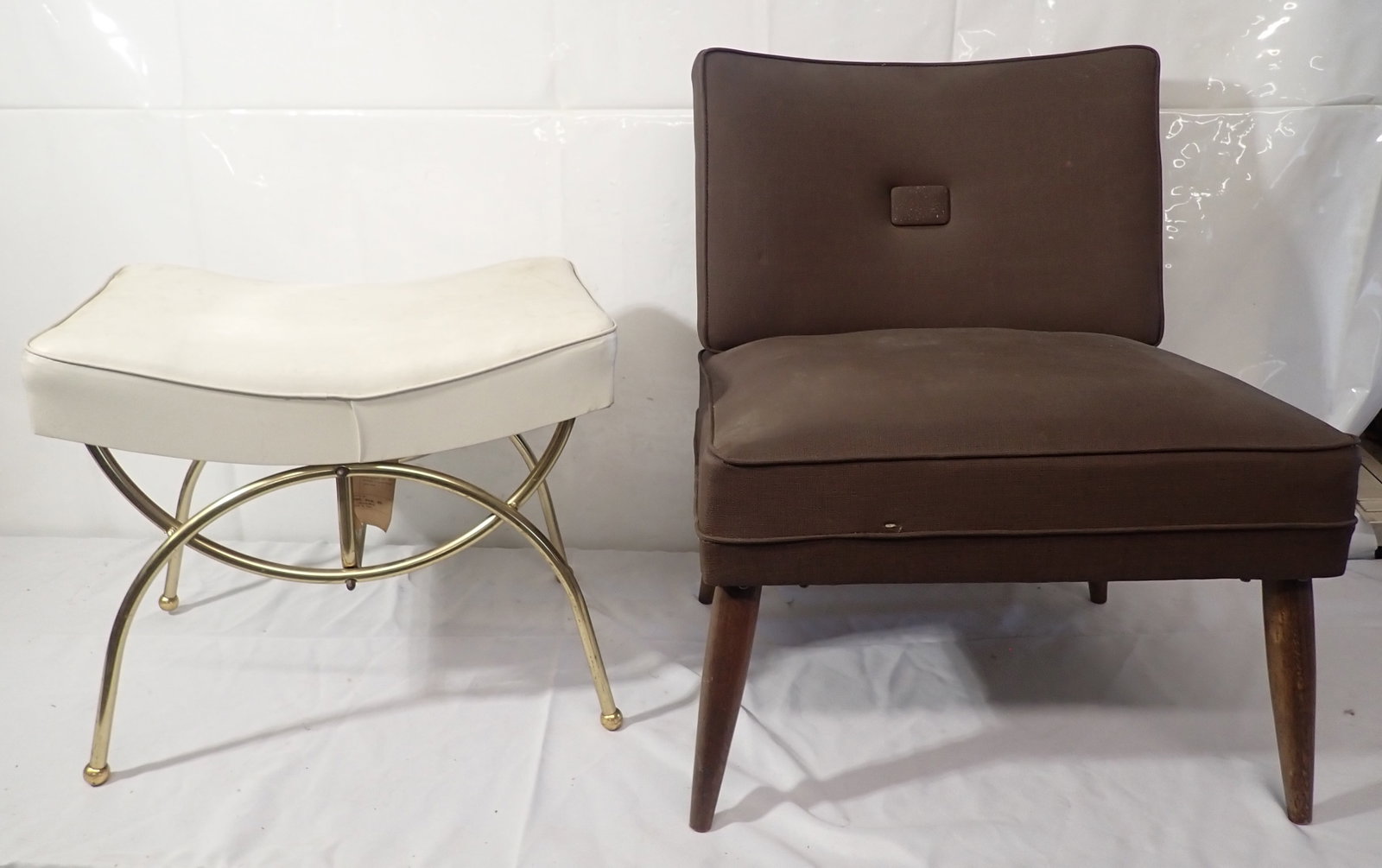 1961 Chair & MCM Virtue Stool: Chair is approx 23 1/2" wide, 16 1/2" to seat, 18 1/2" deep, and 28 3/4" tall. No in house shipping !