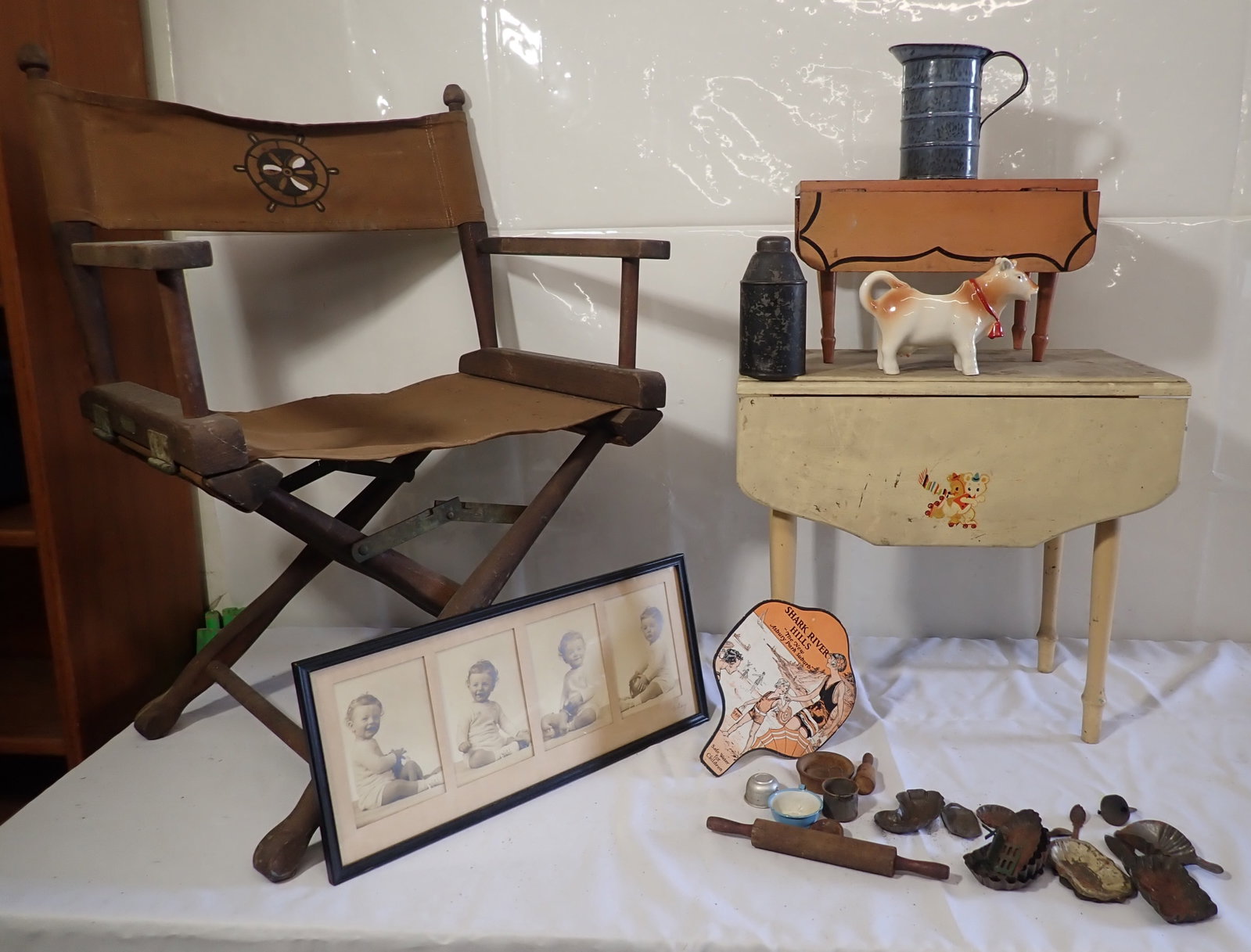 Childrens Tables, Gold Medal Chair, Agateware, &Misc: White table is approx 12 3/8" x 20" x 18 3/8" tall. Must take all. No in house shipping !