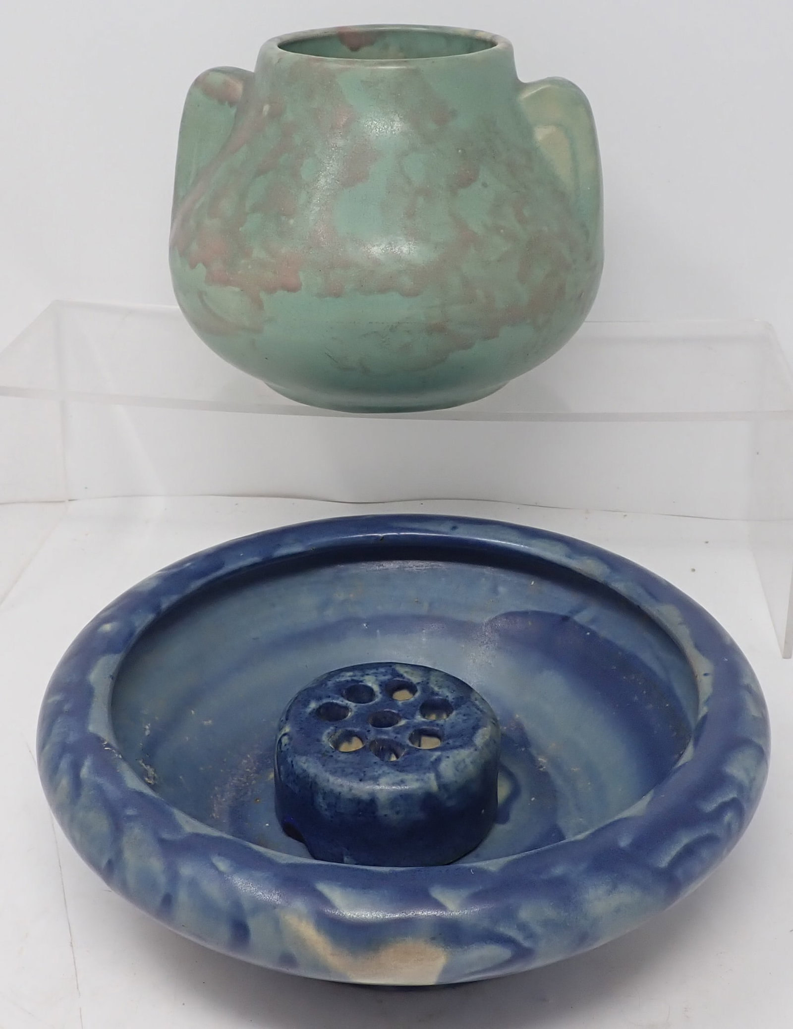 Pottery Vessels & Flower Frog: Piece in front is approx 8 3/8" in diameter and 2 1/2" tall. Shipping available