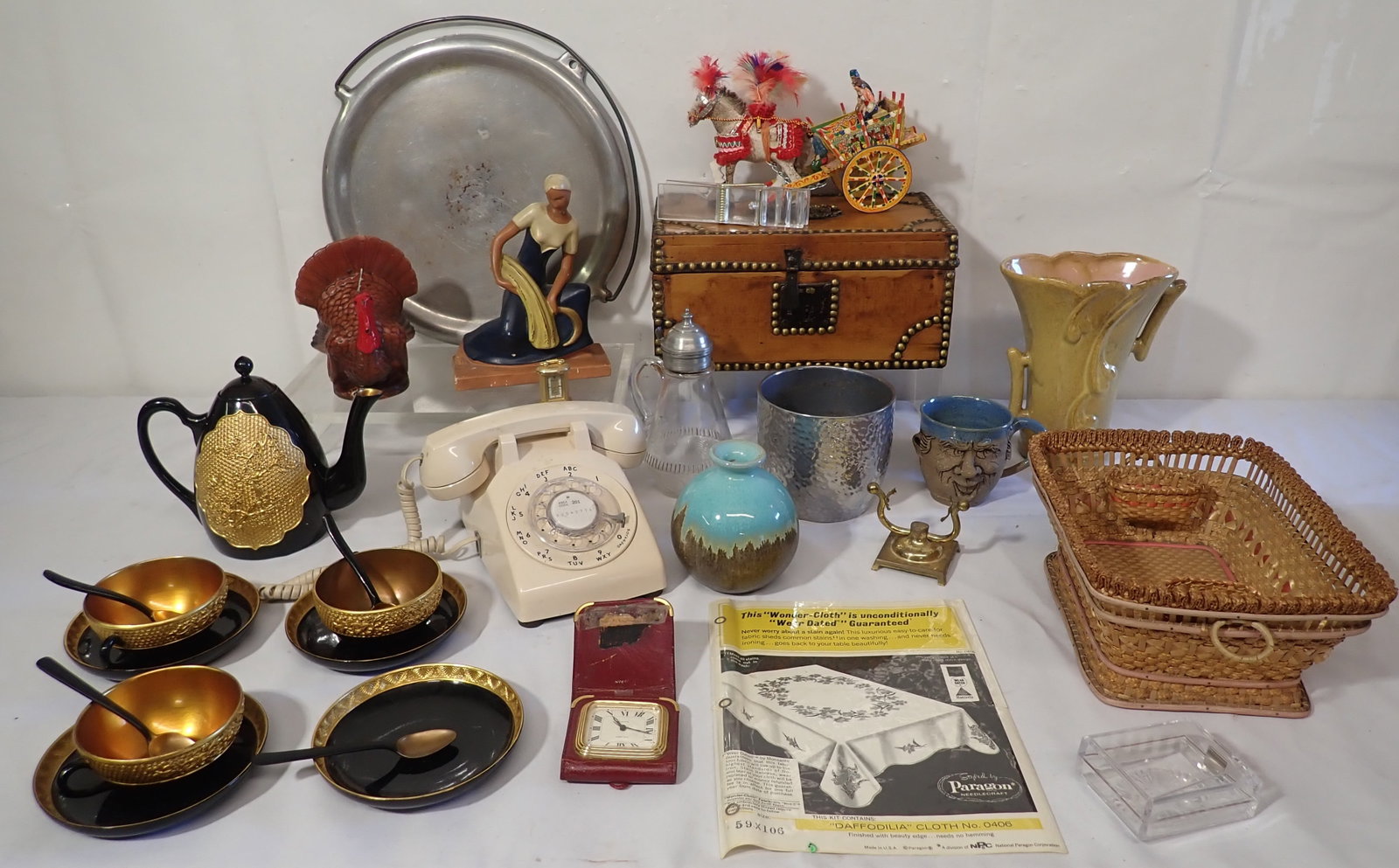 Pottery , Wooden Box, Tea Set, & Misc: Back right vase is approx 8 3/8" tall. No in house shipping !