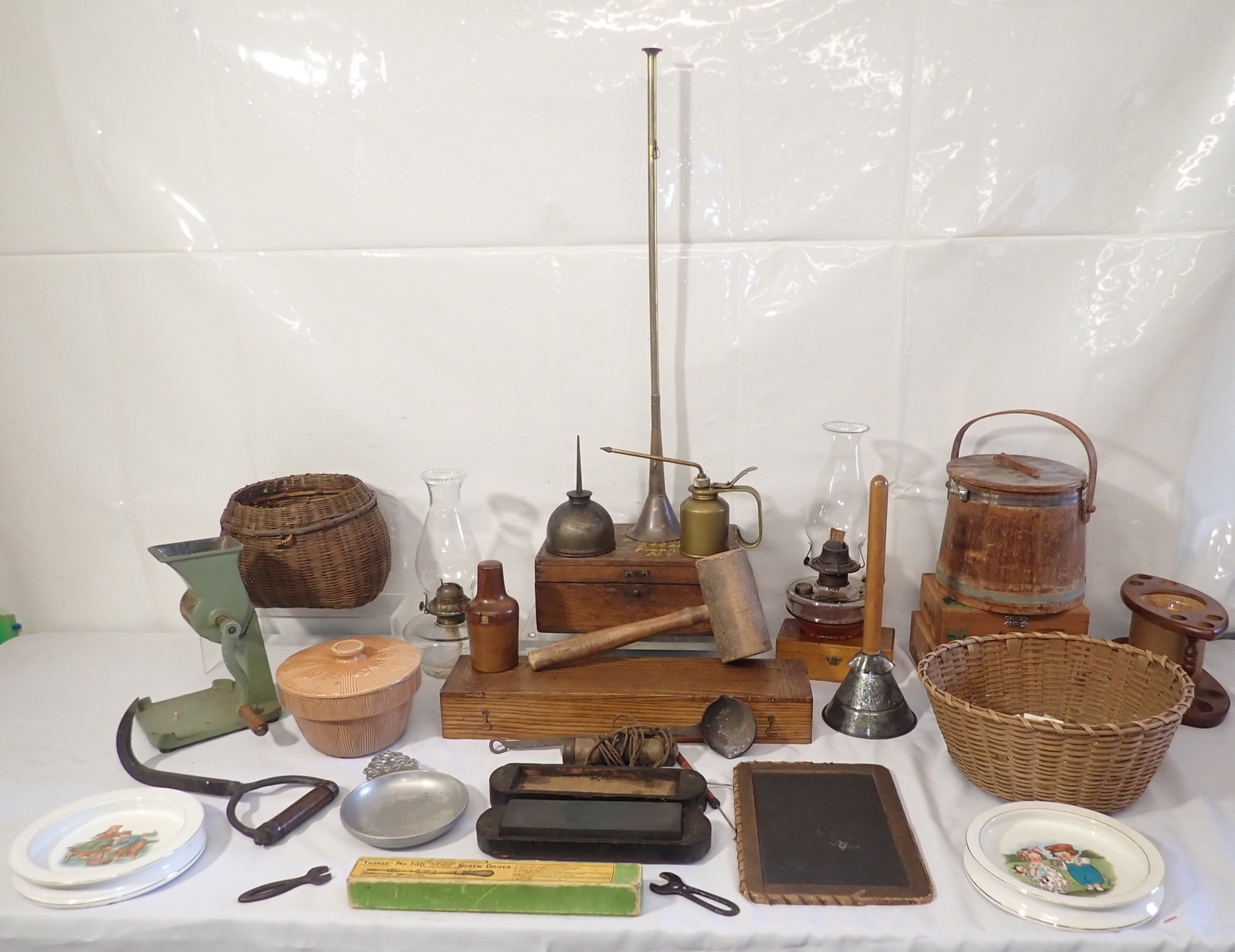 Baskets, Baby Dishes, Boxes, Hay Hook,Oil Cans, & Misc: Stanley Screwdriver box is empty. NO in house shipping !