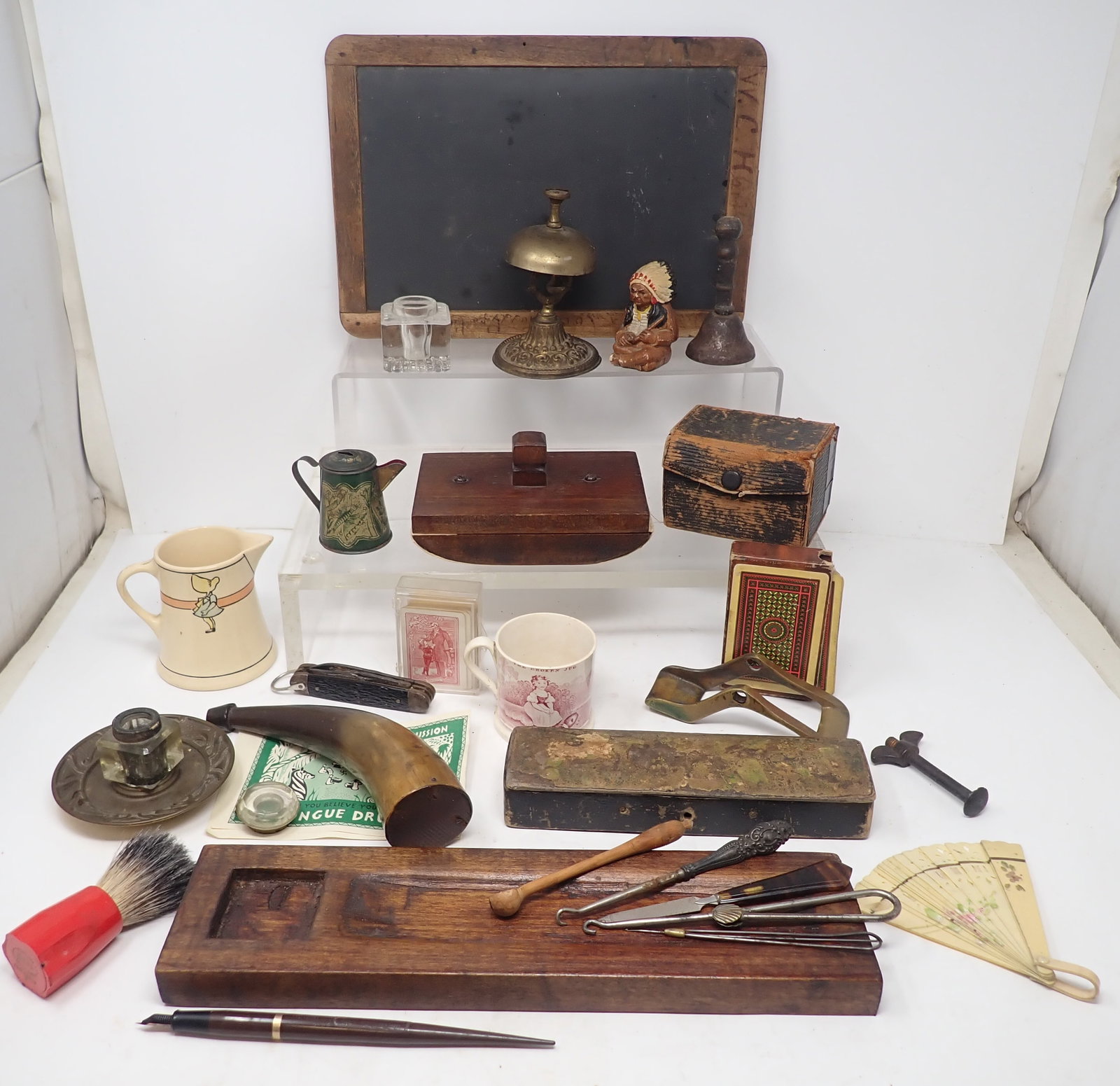 Chalkboard, Powder Horn, Pencil Box, Tin Litho Doll Coffee Pot (1 of 14)