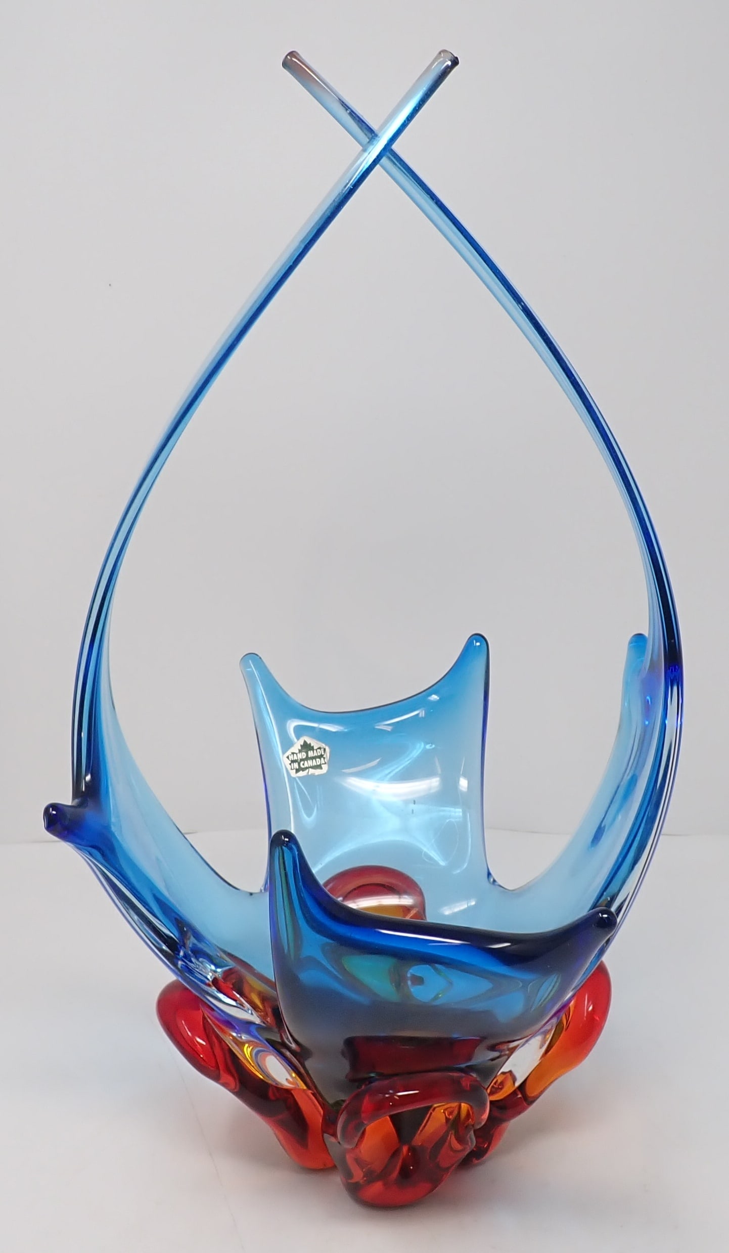 MCM Canadian Art Glass Basket: Apprx 9 3/4" x 8 1/2" x 16 1/2" tall. Shipping available ($30 handling charge, plus postage)
