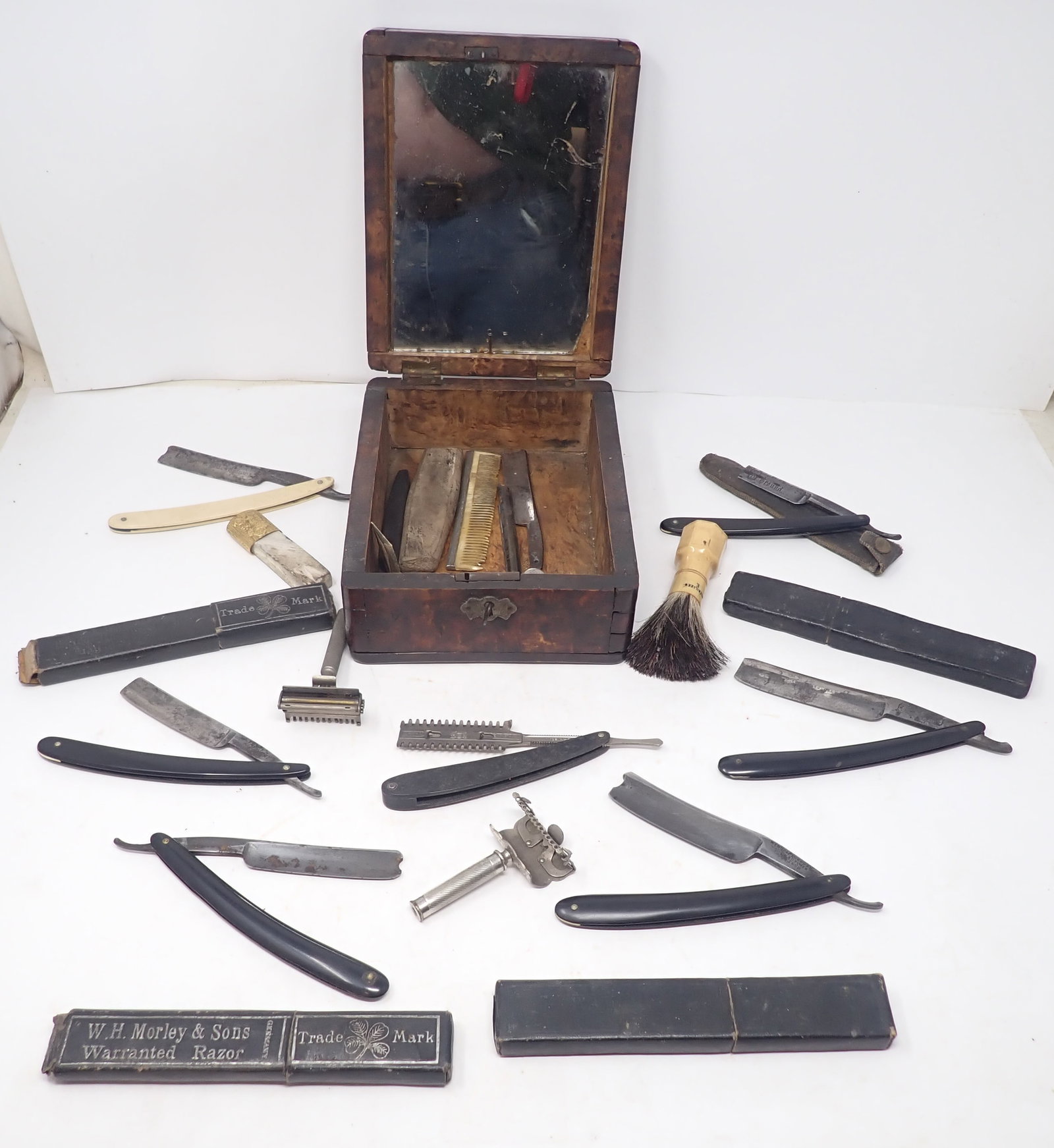 Straight Razors, Misc & Wood Box: Box is apprx 6 1/8" x 8" x 3 1/2" tall. Shipping available