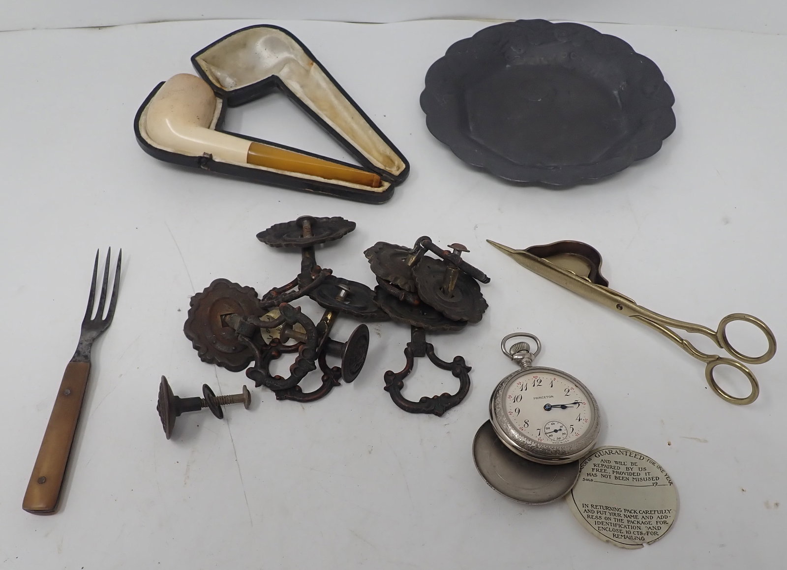 Pewter Dish , Brass Candle Snuffers, Hardware, Pocket Watch (1 of 6)