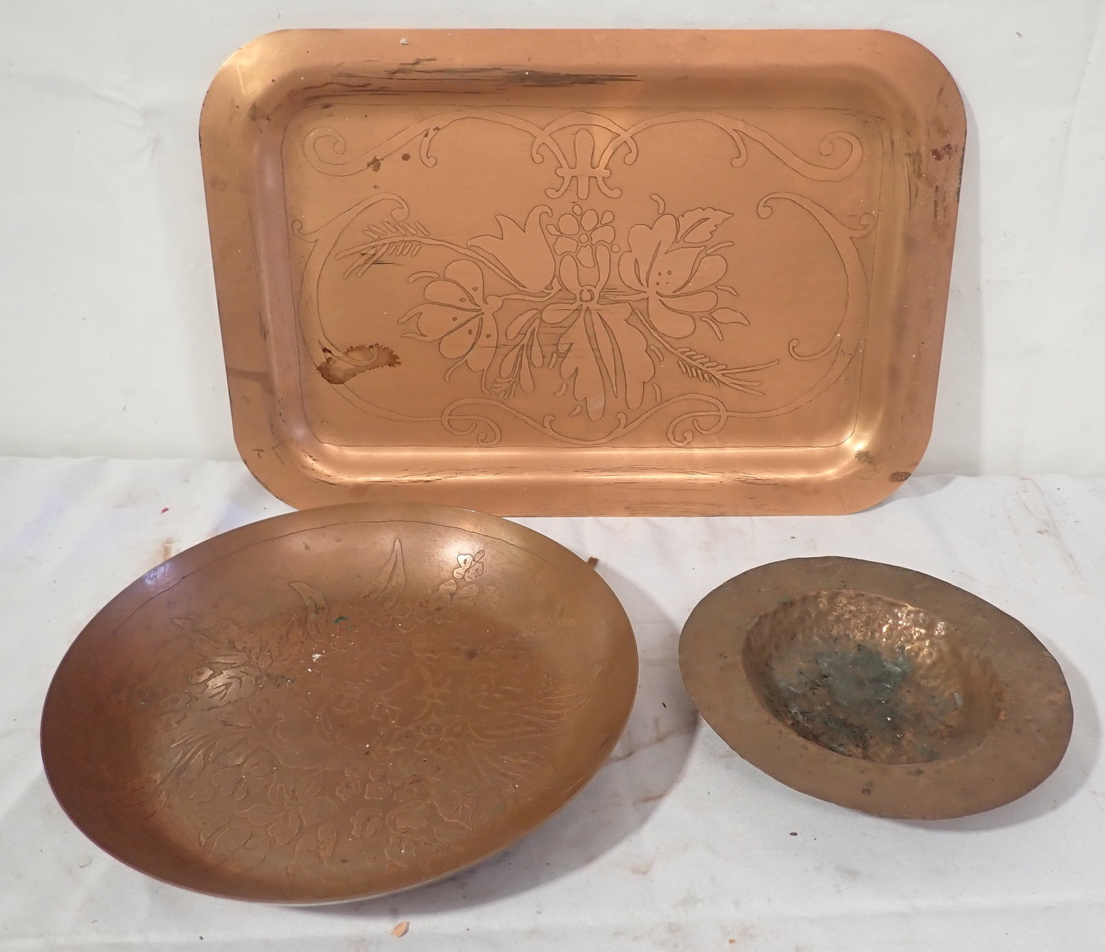 Etched Copper Tray & Bowl w/ Hammered Ashtray: Tray is apprx 11 3/4" x 17 5/8". Shipping available
