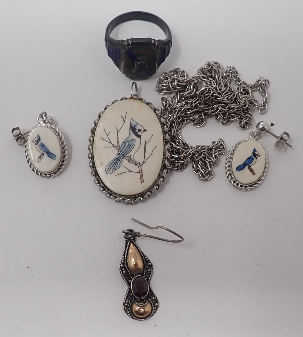 Sterling Silver Jewelry incl Class Ring, Blue Jay Earrings & Pendant: Blue Jay pendant is approx 1" x 1 1/4". Ring is size 9 1/4". All marked Sterling or 925. Shipping available