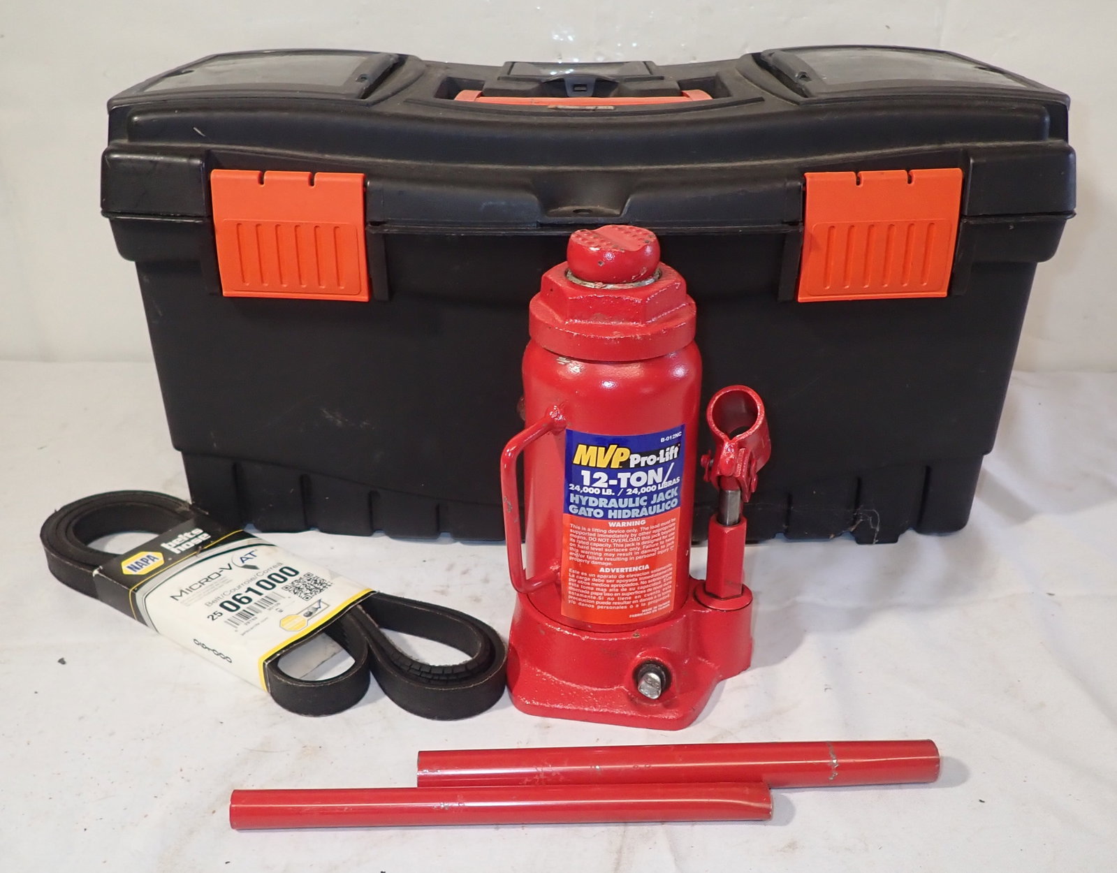 MVP 12 Ton Jack w/ Black & Decker Tool Box & Belt: Tool box is approx 11" x 22" x 11" tall. NO in house shipping !