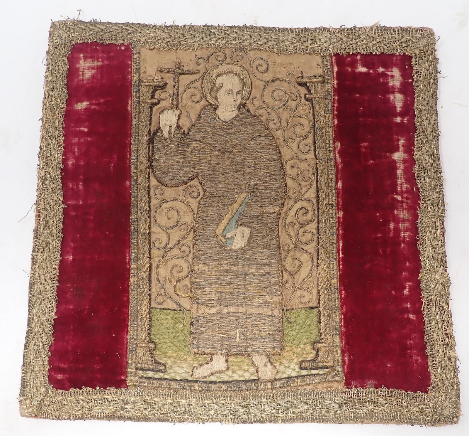 Early Orphrey Section: Section is approx 10 3/8" x 10 1/2". Frame is approx 14 3/4" x 15 3/4". We will ship section, but not frame.