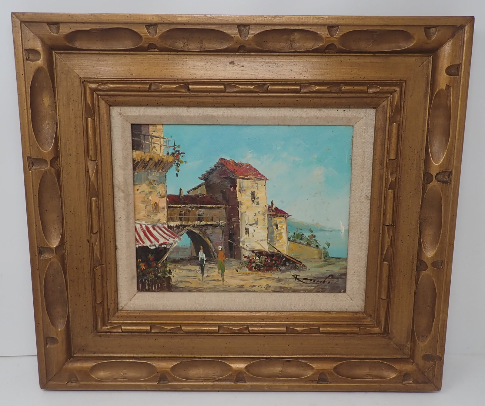 Impressionist Town Scene Oil Painting Signed: Oil on canvas - Frame is approx 16" x 18". Shipping available ($25 handling charge, plus postage)