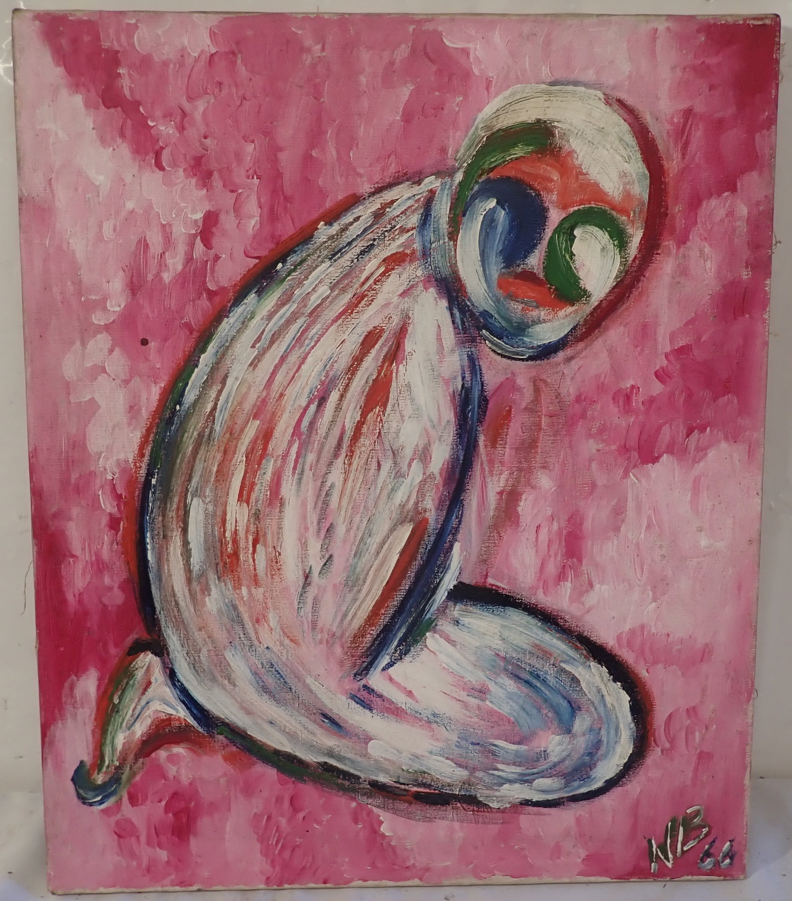 1966 New York Abstract Human Figure Painting Signed NB: Oil on canvas is approx 20 1/4" x 24 3/8". Titled "Who Am I " . Shipping available $35 handling charge, plus postage)