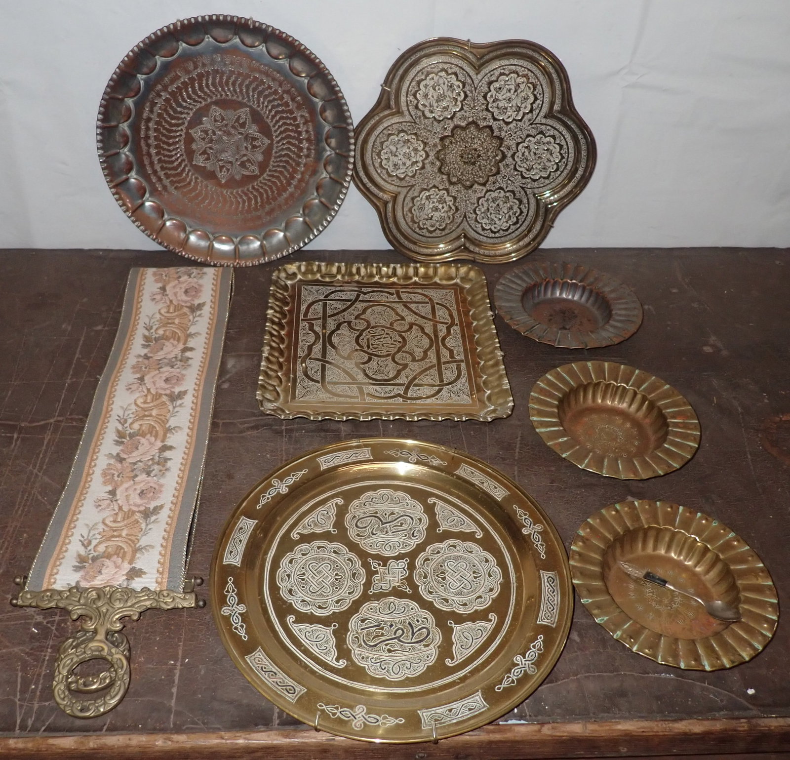 Brass & Copper Trays , Dishes & Misc: Back left copper try is apprx 13 1/8" in diameter. Shipping available ($20 handling charge, plus postage)