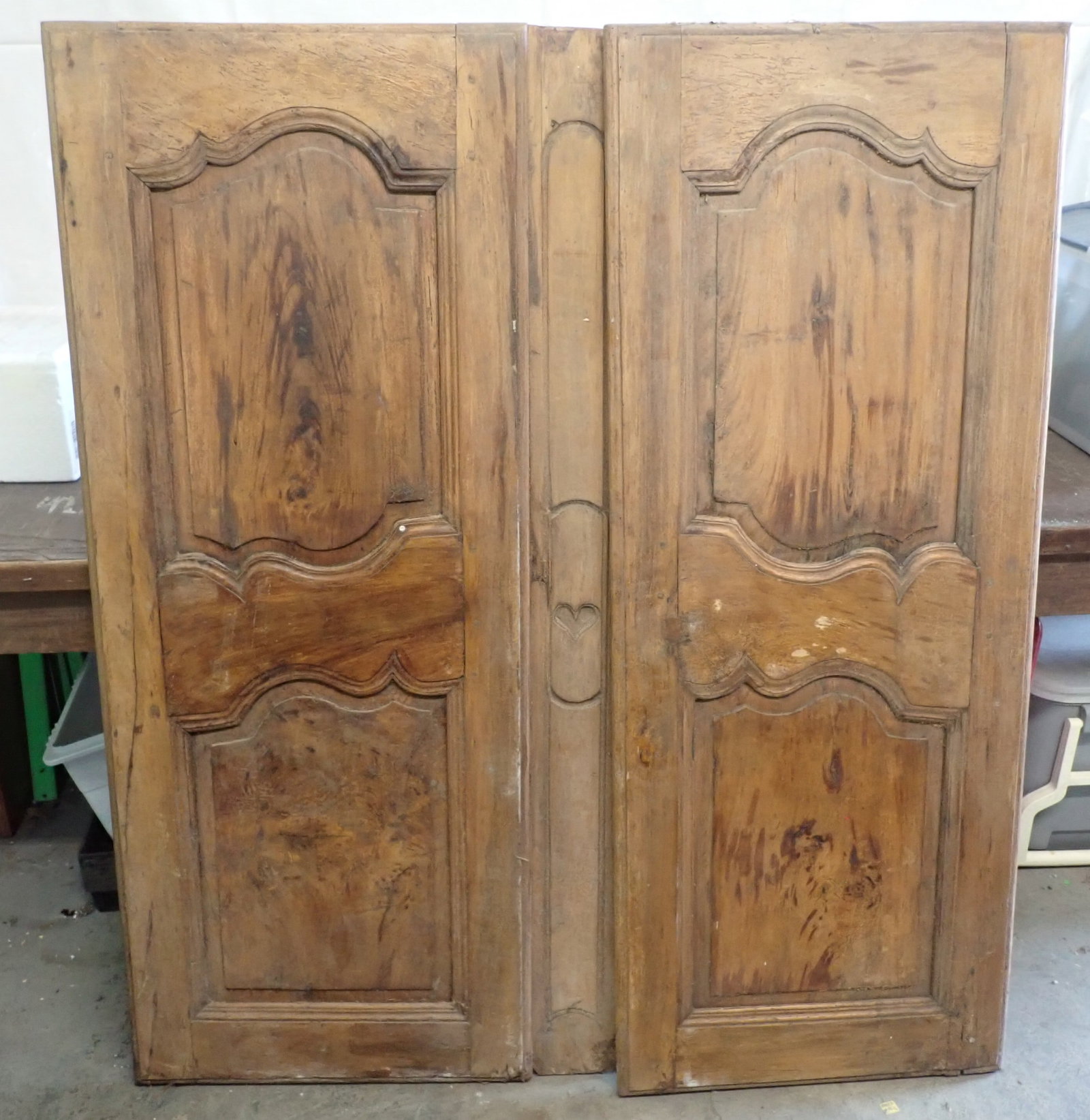Antique Kas / Cupboard Doors w/ Heart: Left one is approx 28 1/2" x 57 7/8". Right one is apprx 23 3/8" wide. No in house shipping !