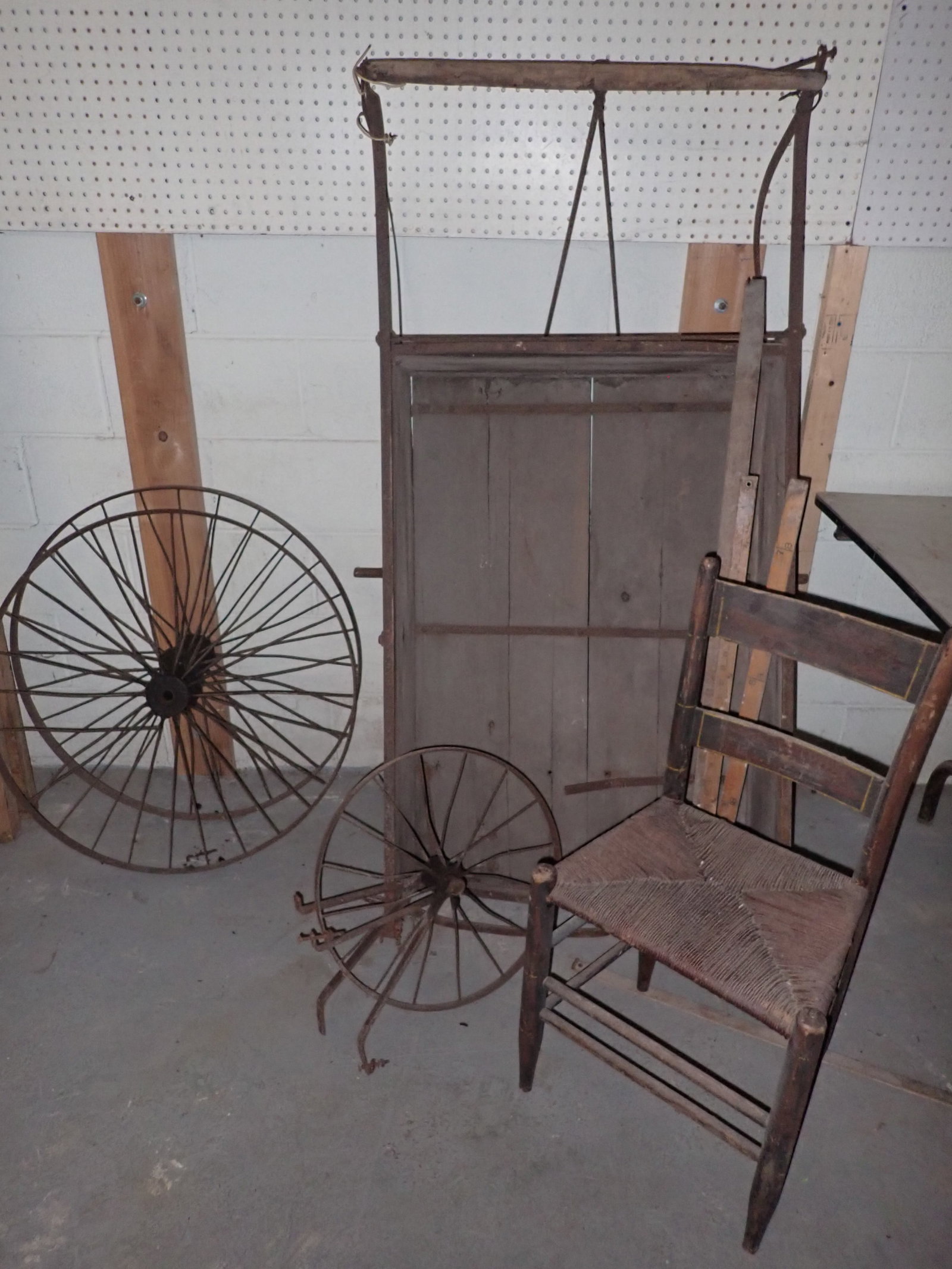 Garden Cart , Yardsticks , & Chair: Cart is apprx 27 1/8" wide and 57 1/8" long. The two wheels that are for it are apprx 30" in diameter. Must take all ! No in house shipping !