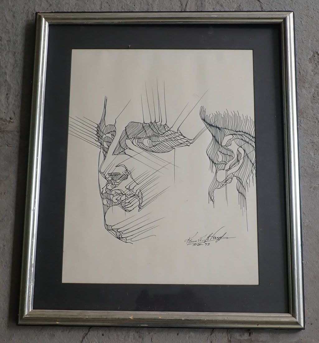 1973 Kennth Verzyl Pen & Ink Surrealist Portrait: Approx 18 1/2" x 22". No in house shipping !