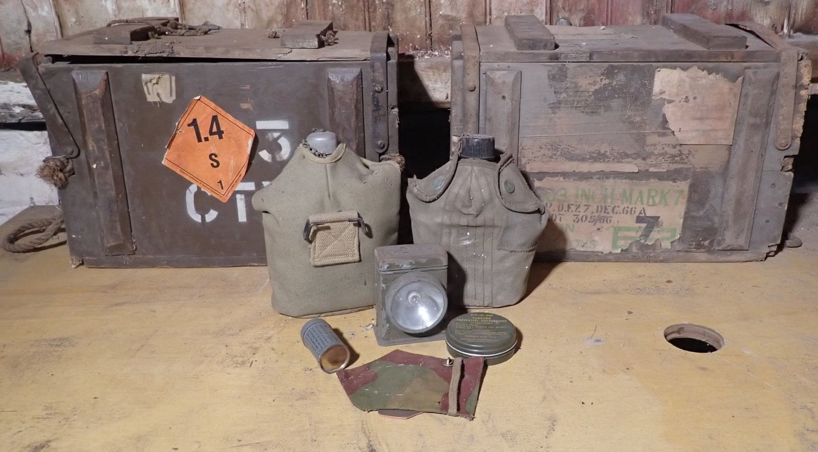 2 Wooden Military Ammunition Crates , Canteens , & Misc: Crates are approx 8 1/2" x 16 1/2" x 11 3/4" tall. No in house shipping !