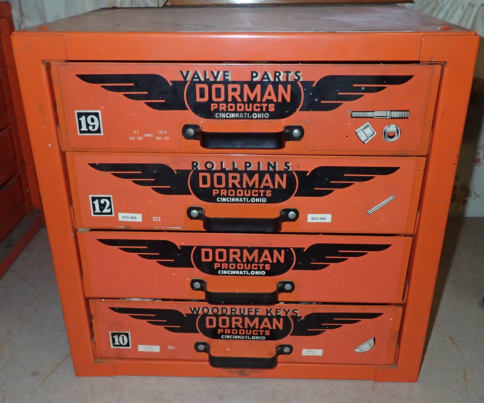 Dorman Auto Parts Cabinet: Approx 13 1/4" x 17 1/4" x 16 3/4" tall. No in house shipping !