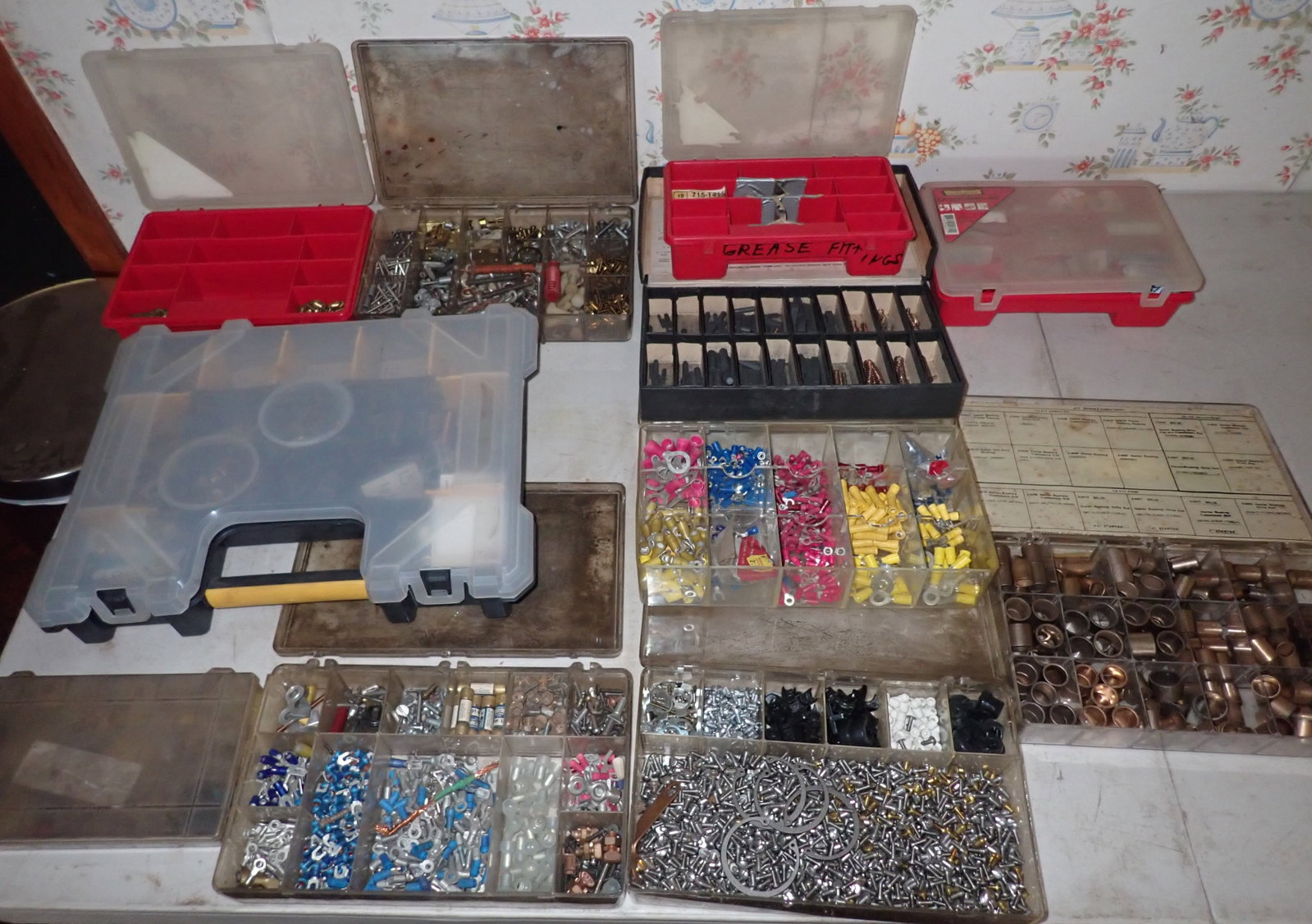 Parts Organizers, Hardware, Brass Bushings, & Misc: Largest organizer is apprx 12" x 15 1/2" x 3". NO in house shipping !