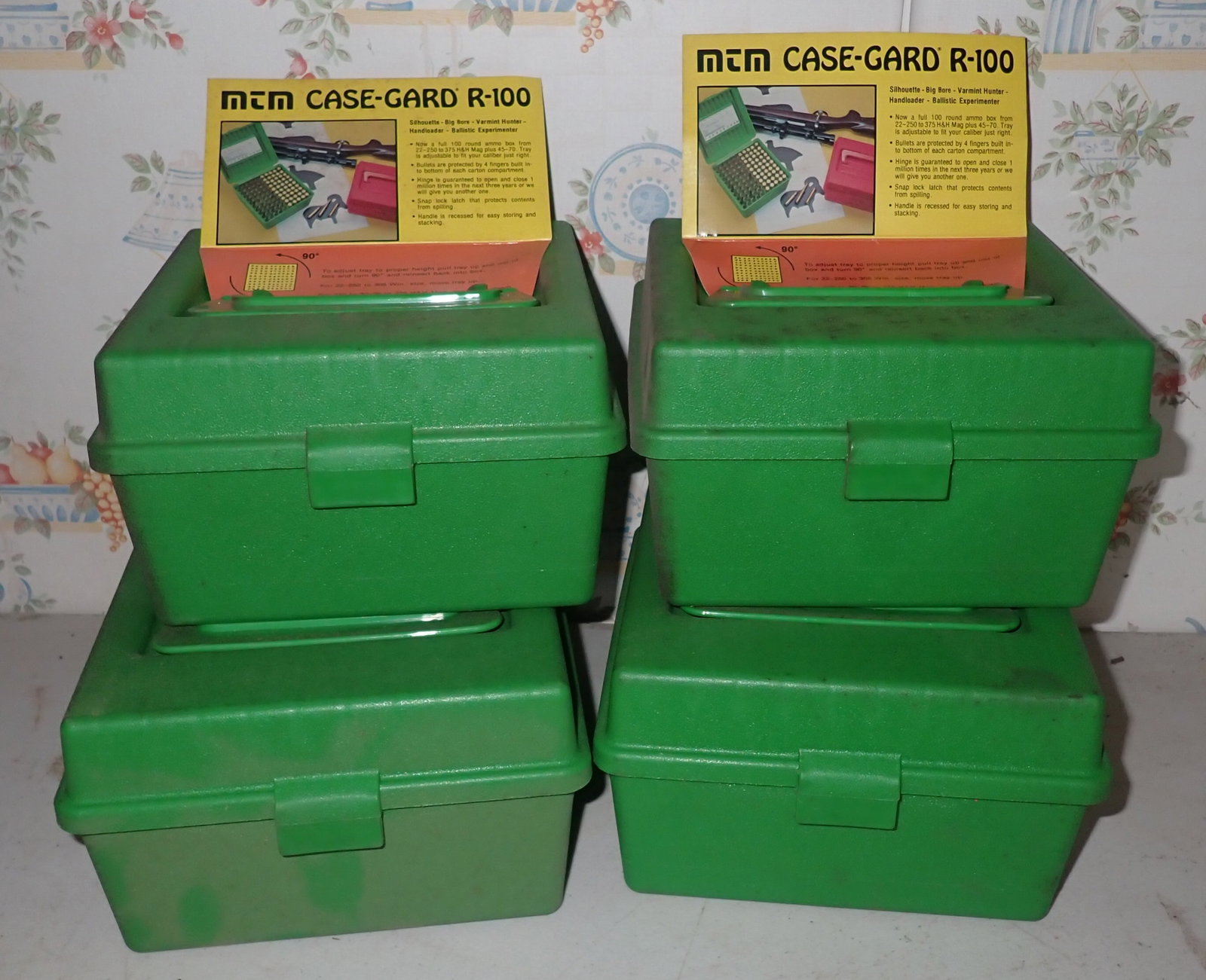 4 MTM Case Gard R-100 Ammo Boxes: Apprx 7 1/2" x 7 1/2" x 4 1/2" tall. Shipping available
