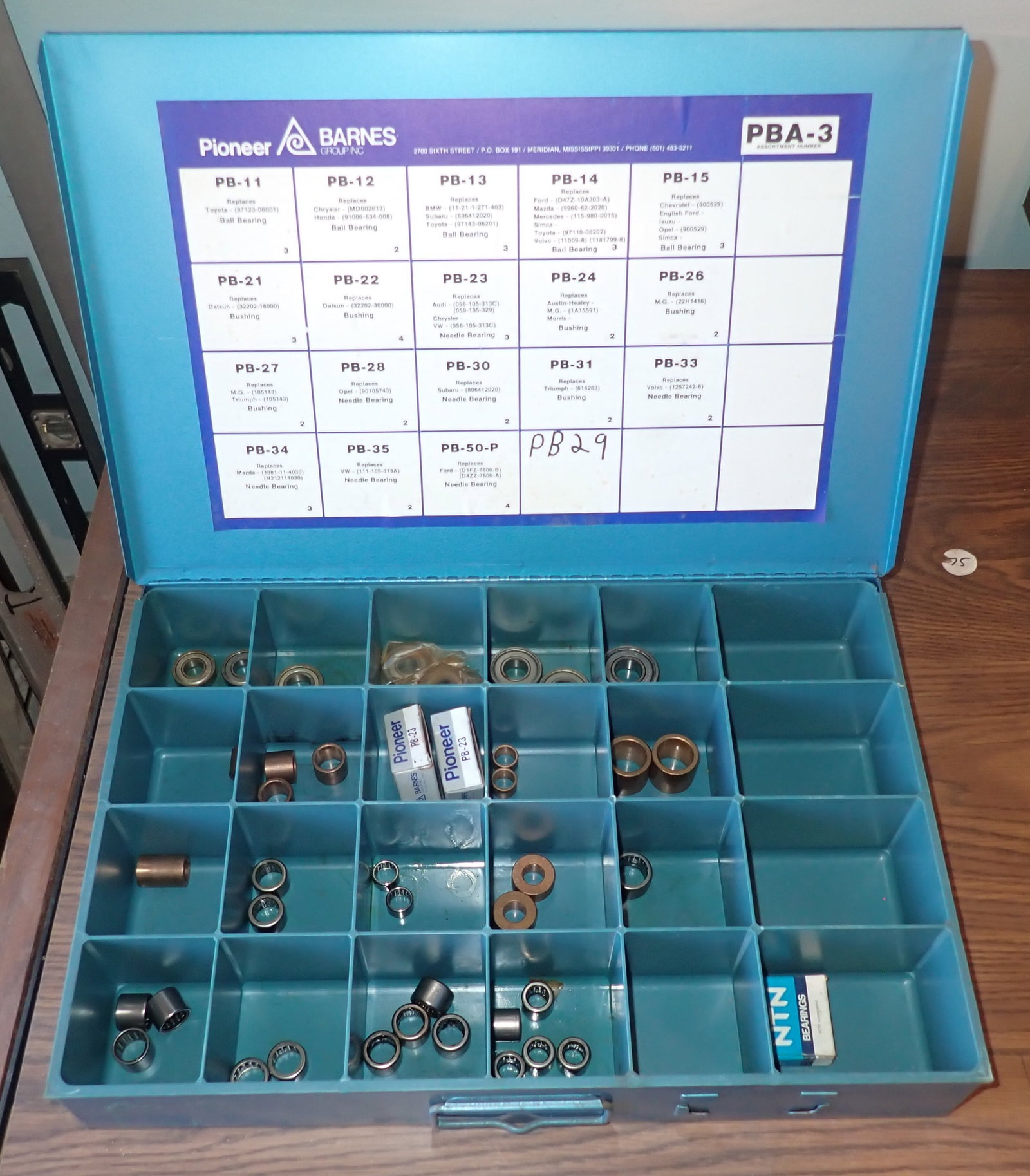 Pioneer Parts Organizer w/ Bushings& Bearings: Apprx 12 1/2" x 18 1/2" x 3 1/4" tall. Shipping available