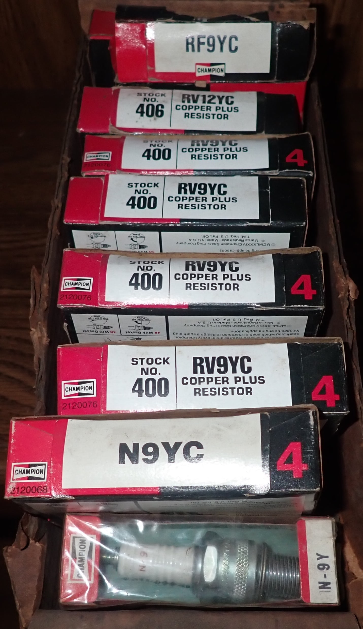 Champion Spark Plugs N9YC , RV9YC , RF9YC , RV12YC: There are (4)N9YC, (16)RV9YC, (8)RF9YC, (4)RV12YC, (3)N-9Y. Shipping available
