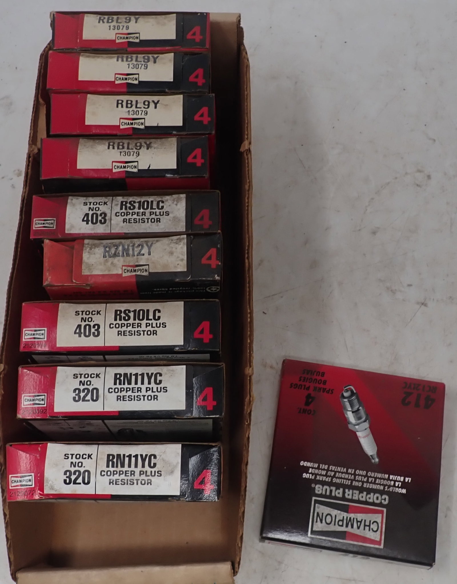 Champion Spark Plugs RBL9Y , RS10LC , RZN12Y , RS10LC: There are (16)RBL9Y, (8)RS10LC, (4)RZN12Y, (8)RN11YC, (4)412 . Shipping available