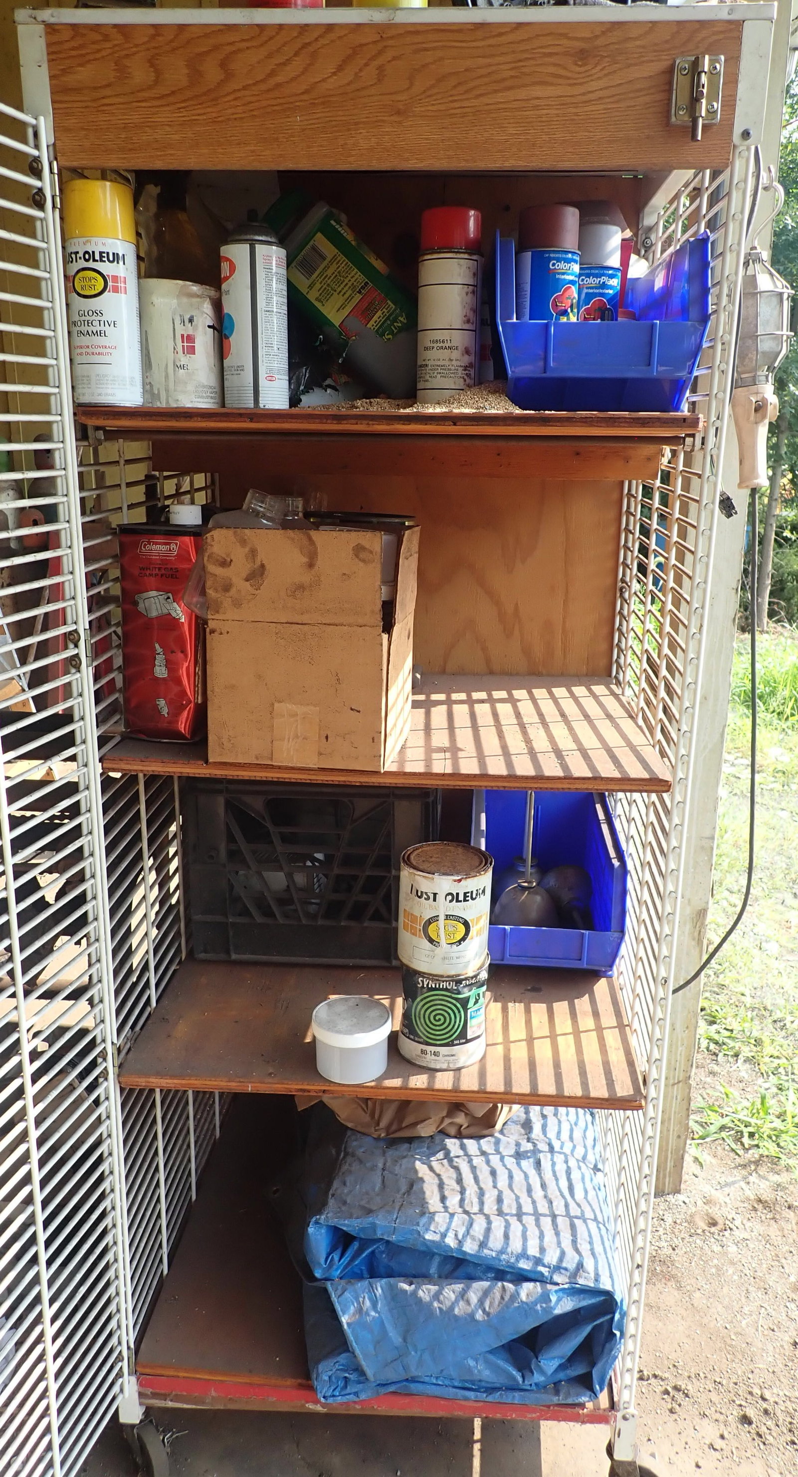 Cabinet w/ Paints, Sprays, Lantern Fuel, & Misc: Approx 25 1/4" x 26 1/4" x 66 1/2". Must take all ! No in house shipping !