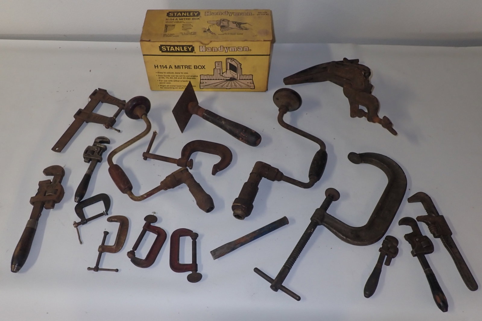 Stanley Mitre Box, Hand Drills, Saw Vise, Pipe Wrenches, & Misc (1 of 8)