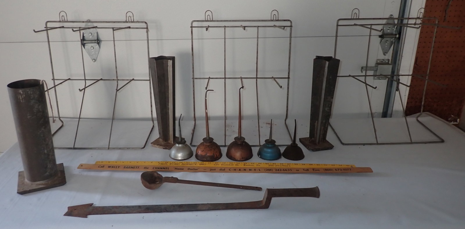 Wire Display Racks, Oil Cans, Ladle, Slaters Tool, & Misc: Racks are apprx 9" x 16" x 20". No in house shipping !
