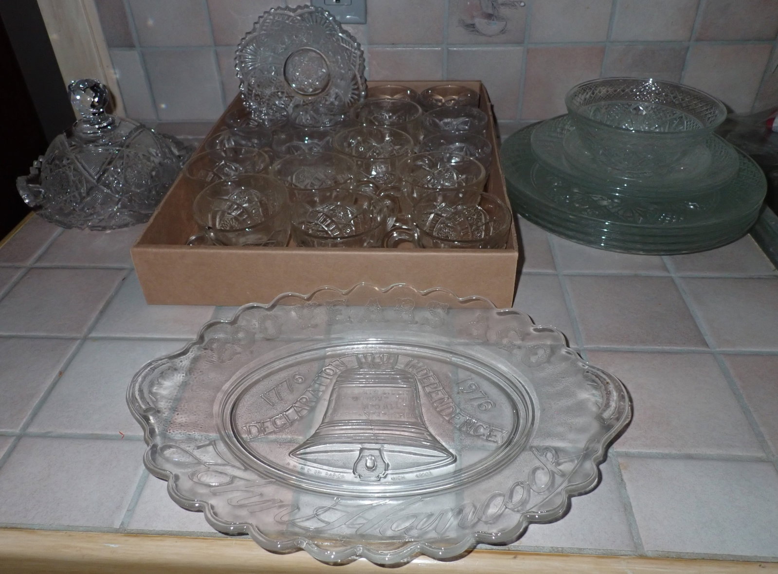 John Hancock Platter, Misc Glassware incl Plates & Punch Bowl Cups: Platter is approx 9 1/2" x 13". No in house shipping !