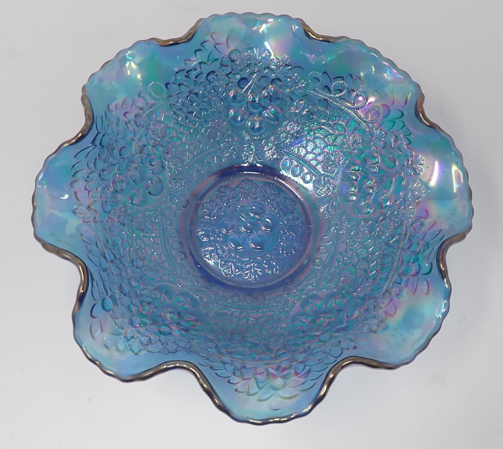 Fenton Iridescent Blue Carnival Glass Bowl: Cherry Chain Pattern Bowl is approx 10" in diameter and 3 1/4" tall. Shipping available