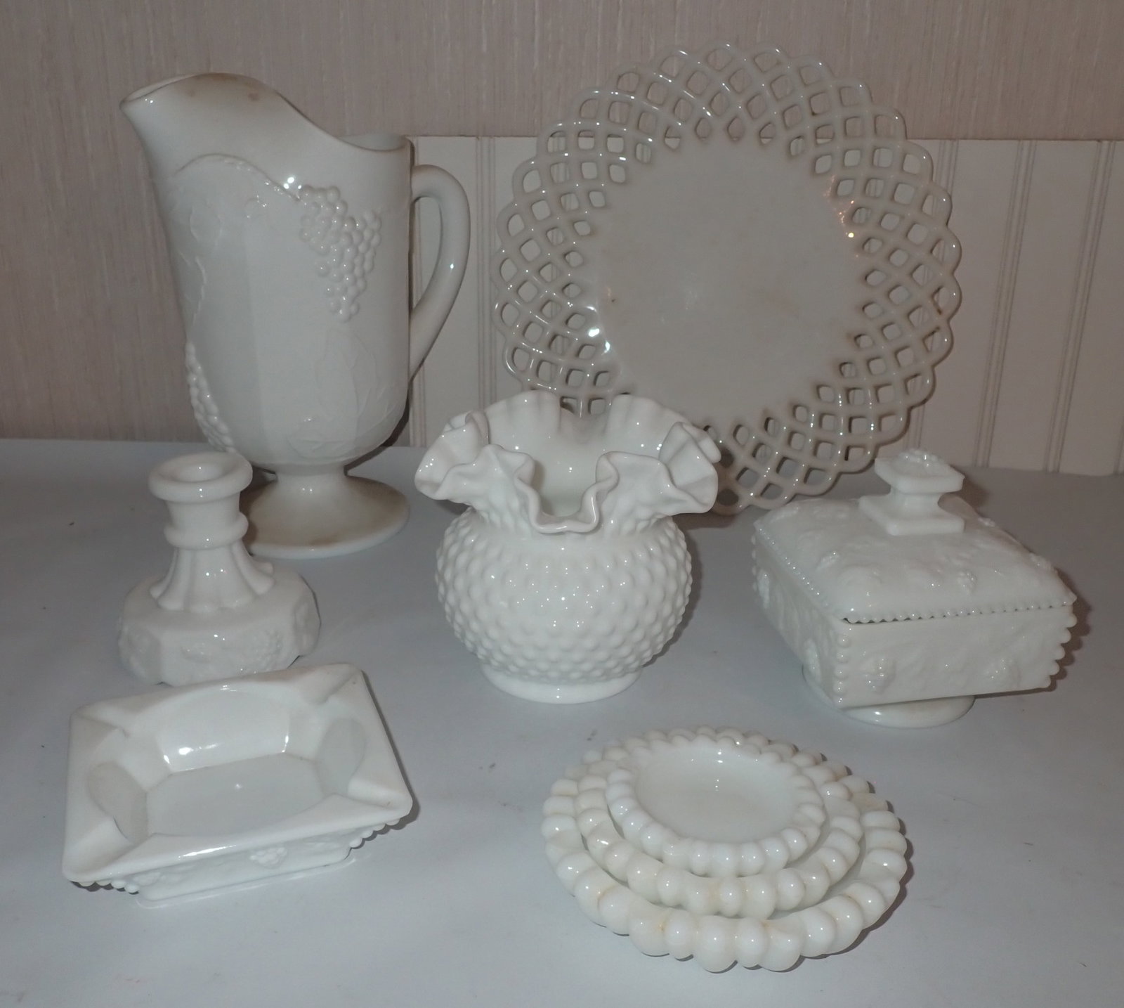 Milk Glass incl Grape Pattern Pitcher & Covered Candy Dish: Pitcher is apprx 11 1/2" tall. No in house shipping !