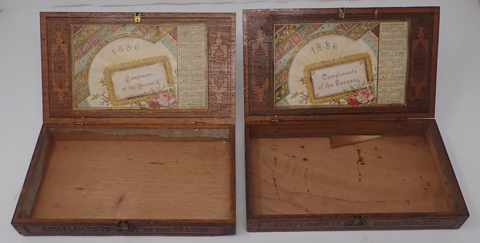 1886 Merry Christmas Happy New Year Calendar Boxes: Wooden Calendar Boxes - Apprx 4 7/8" x 8 3/8" x 1 3/8" tall. Shipping available