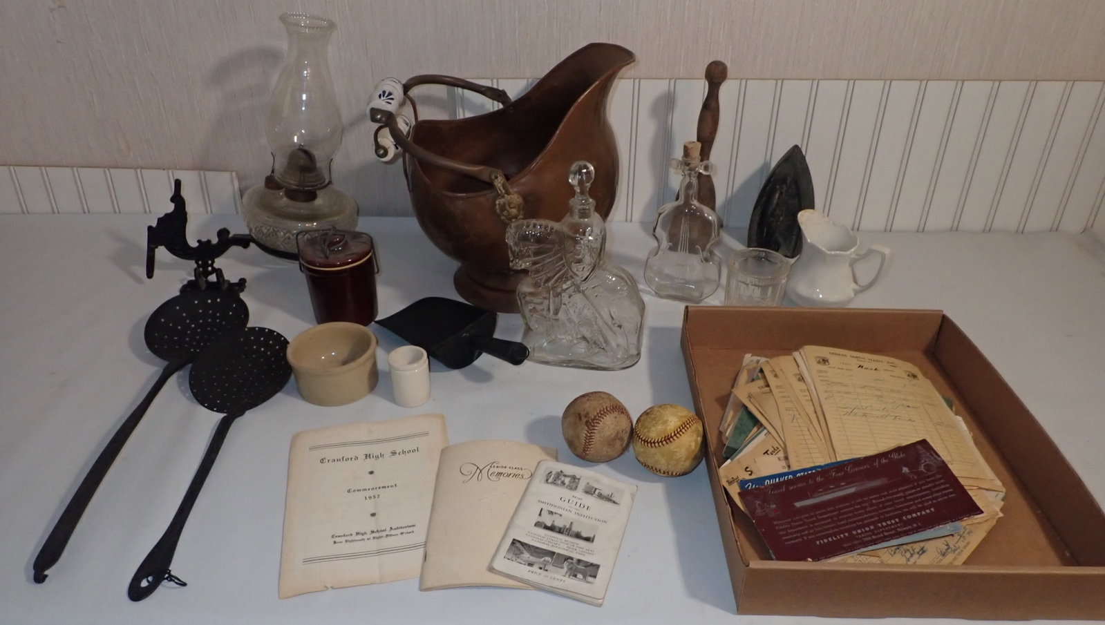 Oil Lamp w/ Wall Bracket, Scoop, Ladles, Wooden Masher & Misc: NO in house shipping !