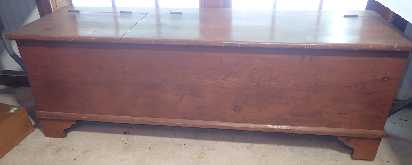 Wood Box w/ Bracket Feet: Approx 19 1/4" x 61 1/2" x 21 1/2" tall. No in house shipping ! Bring help to load !