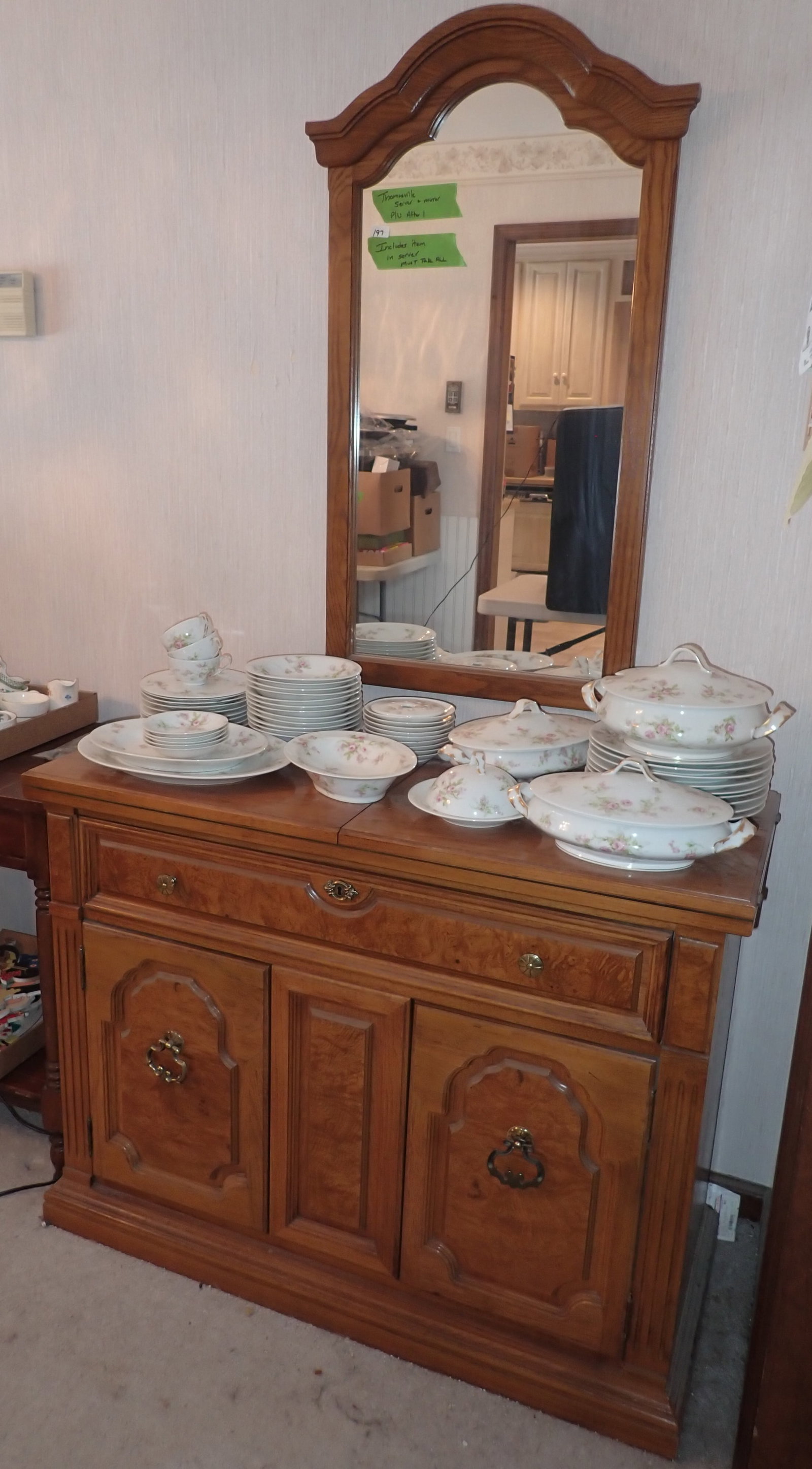 Thomasville Server & Mirror: Server is approx 17 1/2" x 41"x 31 1/2" tall. Does not include all the china on top. Includes all items in drawer and bottom of server. Must take all. Pick up after 1pm only !