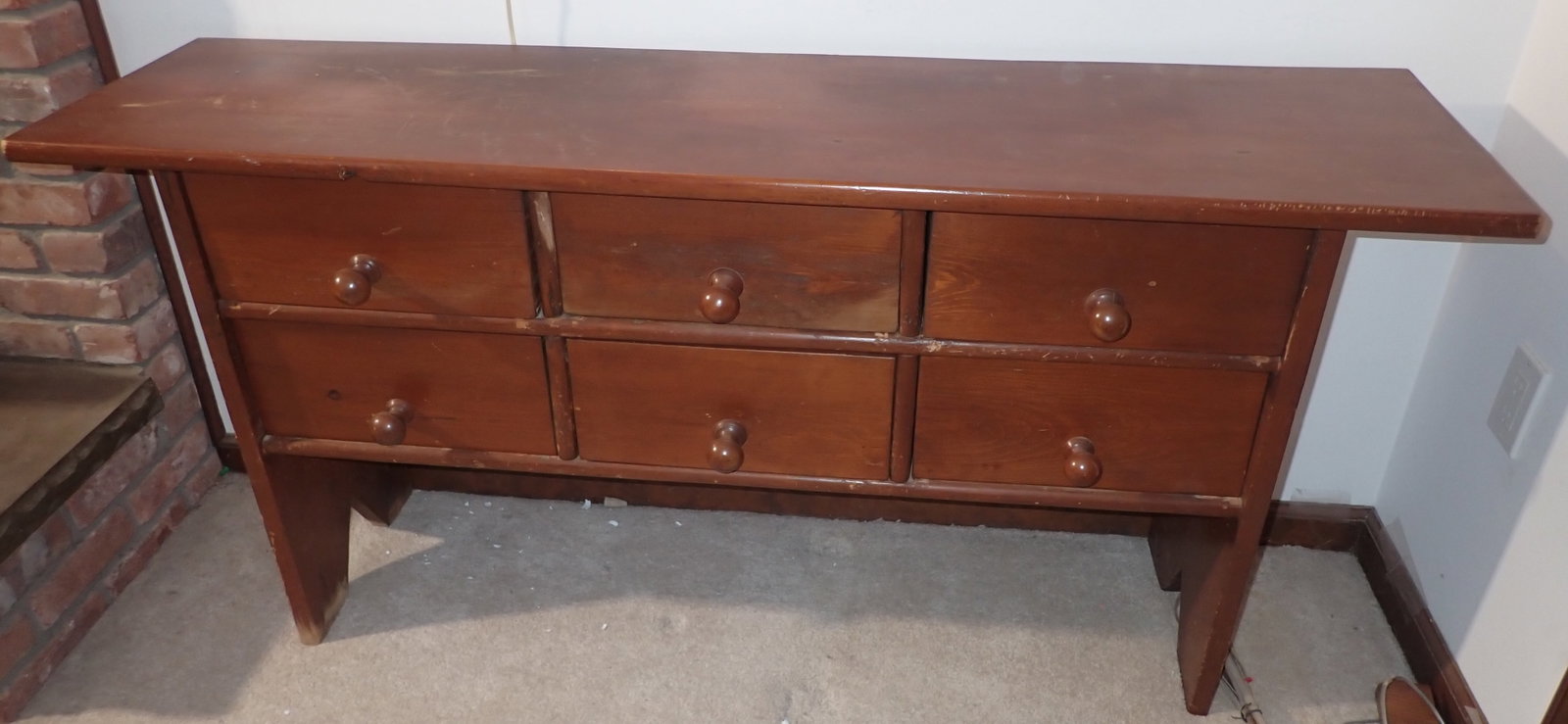 Early 6 Drawer Bench Style Cabinet: Approx 14 1/2" x 56 1/2" x 27 3/4" tall. No in house shipping !