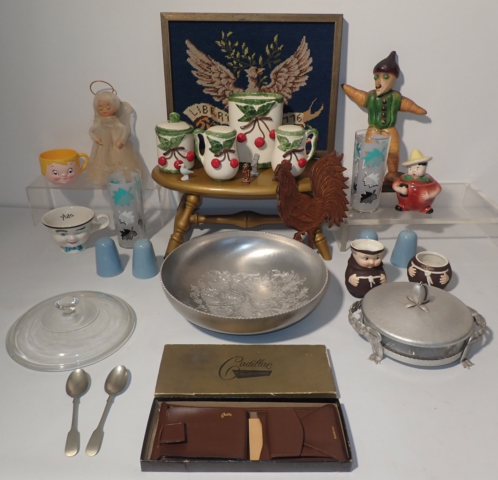 Table Contents incl High Ball Glasses & Foot Stool: Needlepoint is approx 12" x 15". No in house shipping !