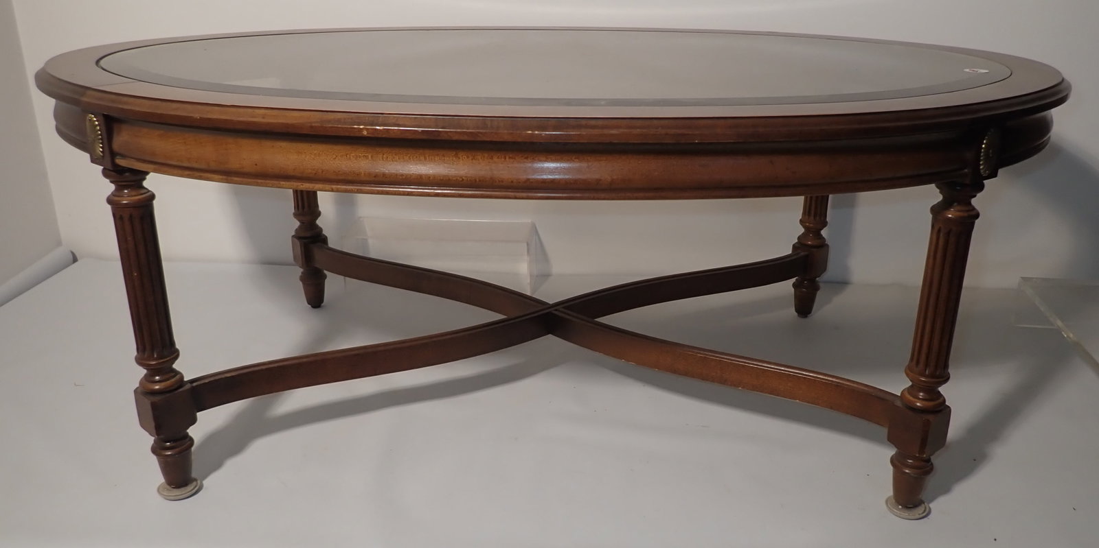 Oval Coffee Table: Glass has beveled edges. Apprx 30" x 44" x 17" tall. No in house shipping !