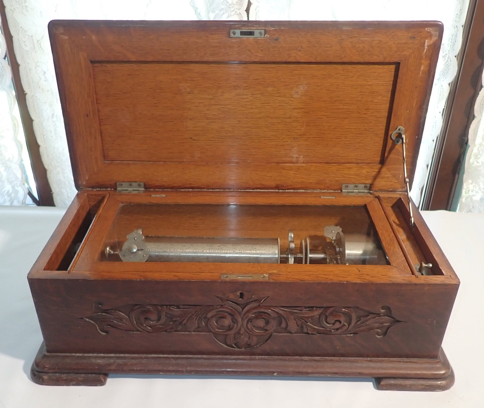 1890 Jacot's Swiss Cylinder Music Box: Approx 13 1/2" x 26" x 8" tall. No in house shipping!