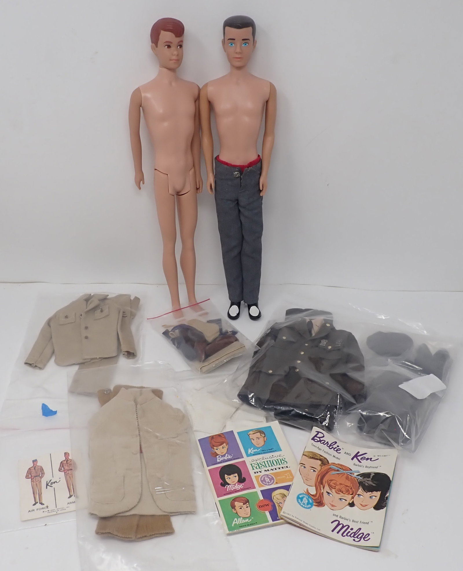 (2) 1960 Barbie Ken Dolls w/ Army & Air Force Clothing: Shipping available