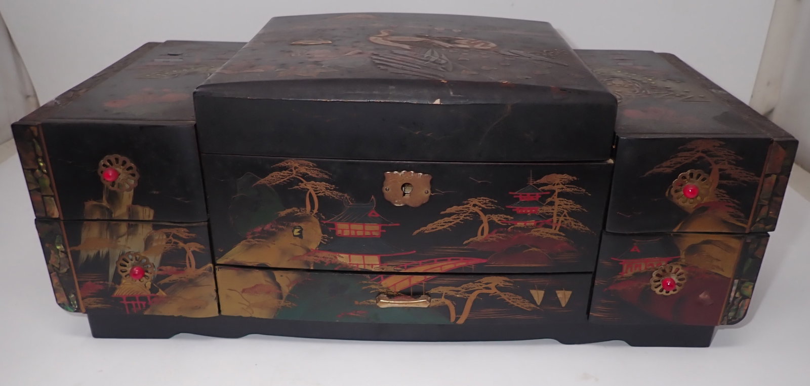 Japanese Black Laquer Musical Jewelry Box: Approx 7 3/8" x 14 7/8" x 6" tall. Shipping available