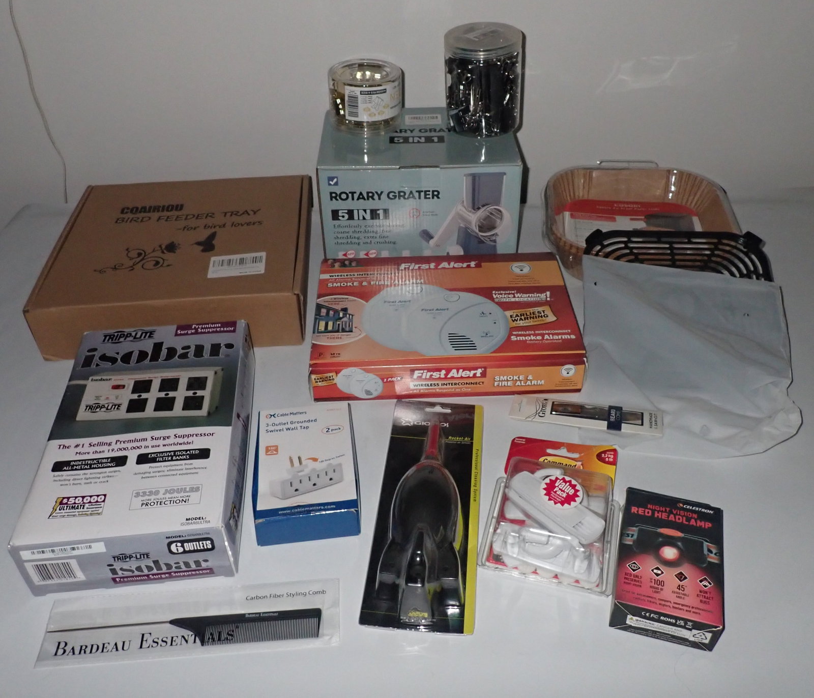 Bird Feeder Tray, Rotary Grinder, Misc: There is only one smoke alarm in box. Shipping available