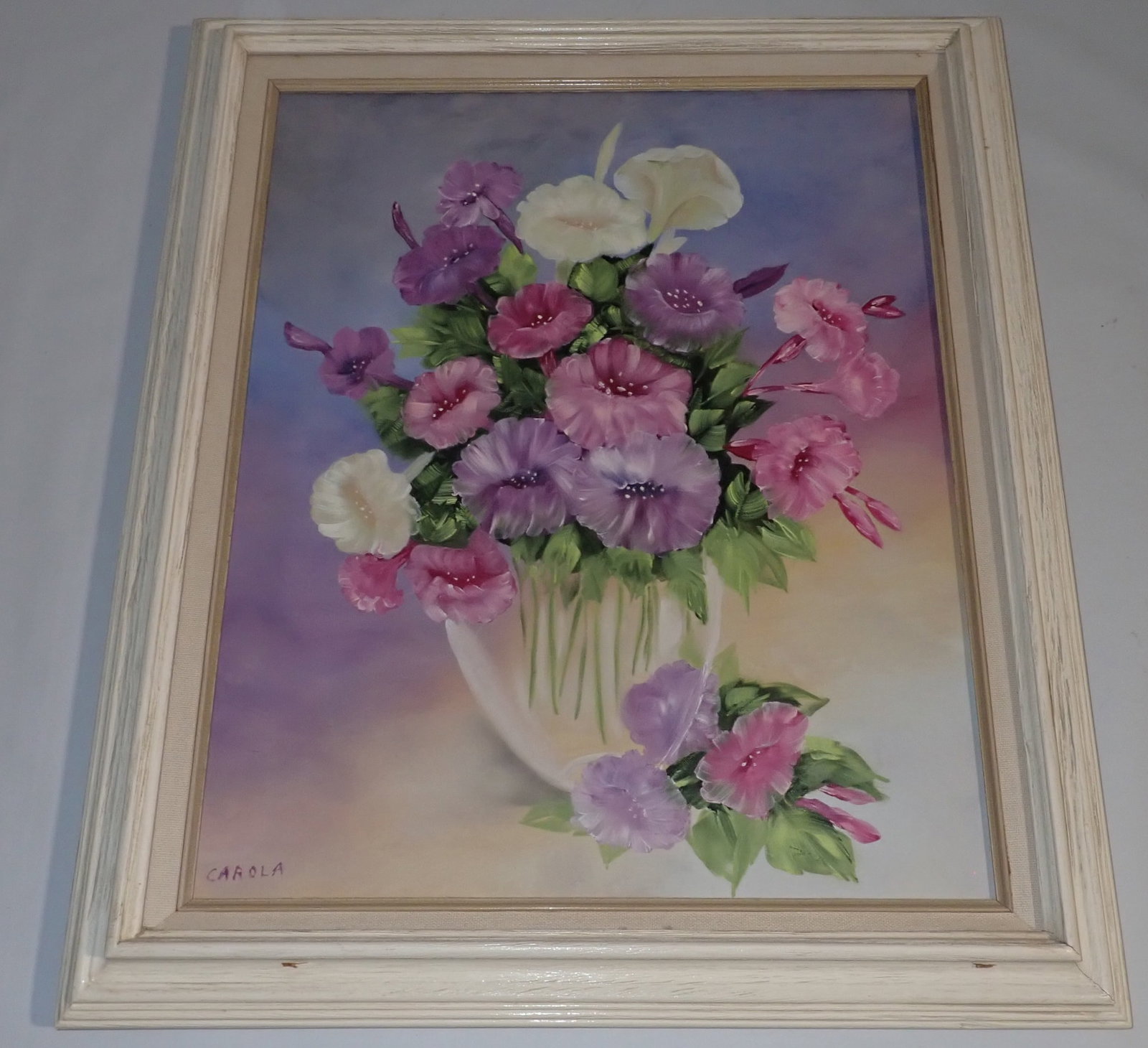 Floral Still Life Oil on Canvas Painting by Carola: Approx 20 1/2" x 24 3/8". No in house shipping !
