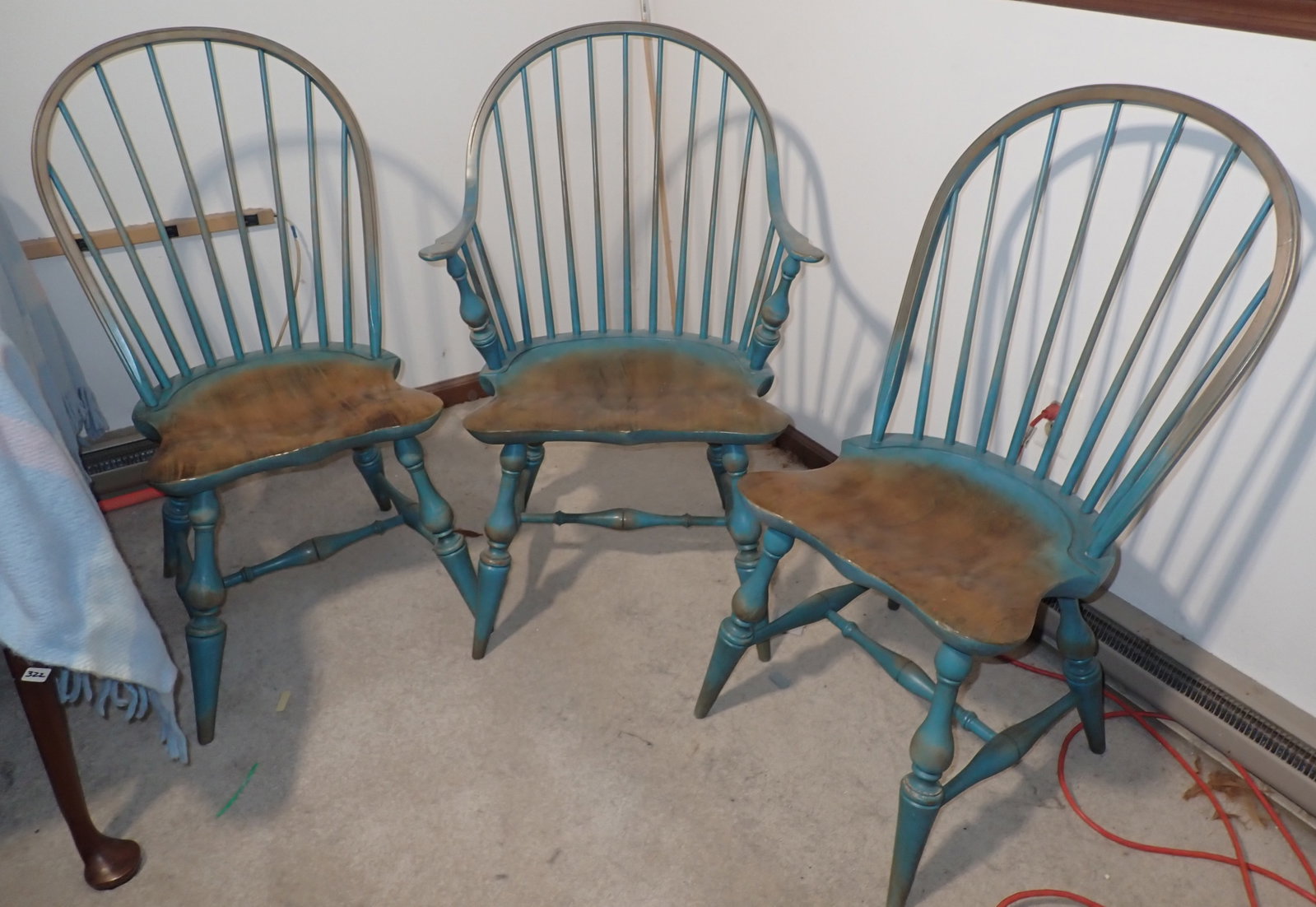 Spindle Back Windsor Style Chairs in Blue: One arm chair and two side chairs. No in house shipping !