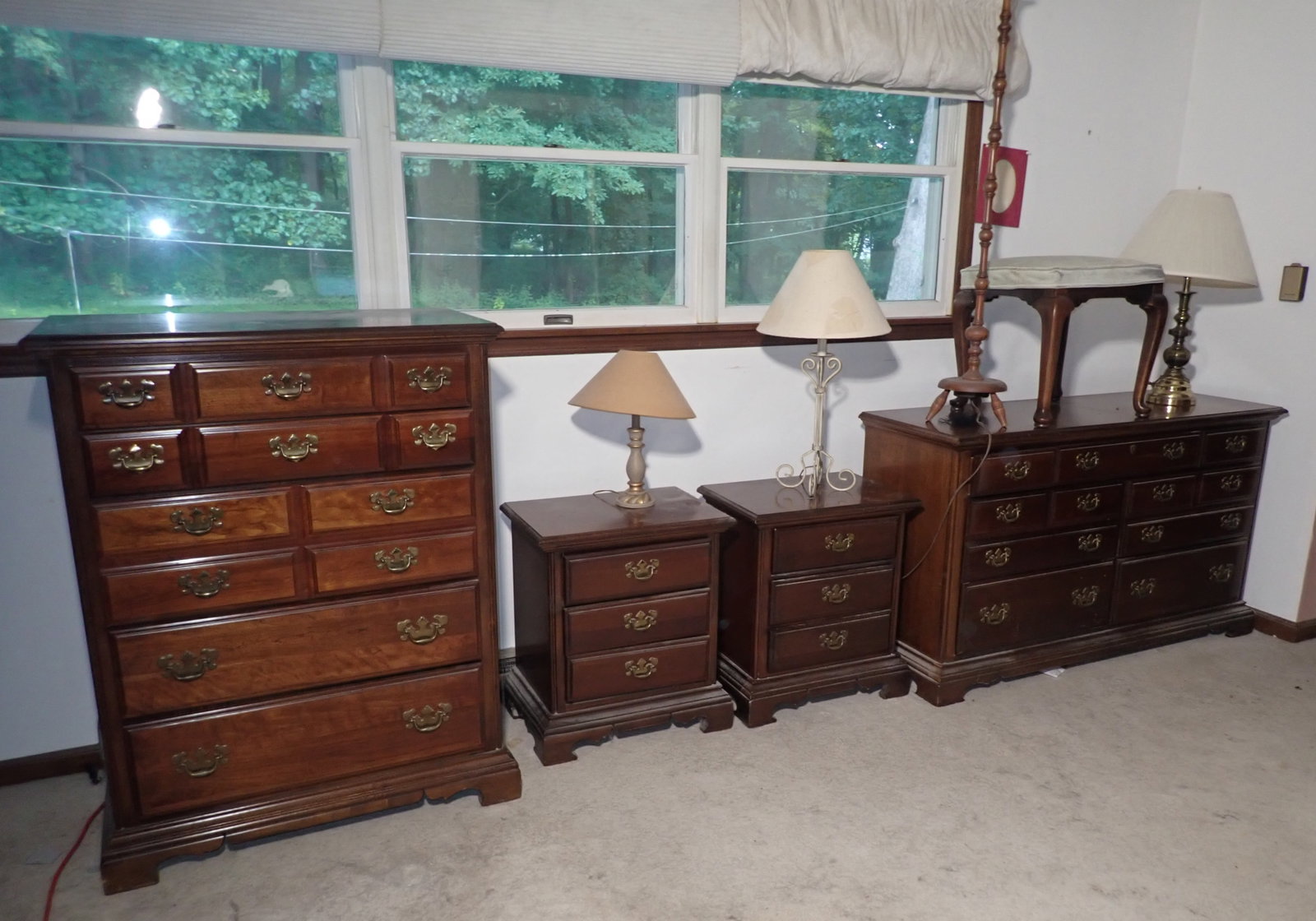 American Drew Dressers, Night Stands, Lamps, & Stool: High Chest is approx 19" x 36" x 46 1/4" tall. Dresser on right is approx 19" x 56" x 33" tall. Must take all ! No in house shipping ! Bring proper help to load !
