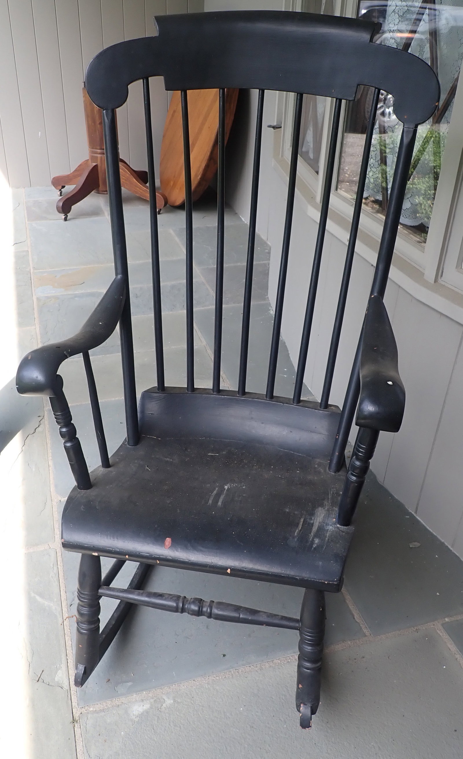 S.S. Howe Plank Seat Rocker: Apprx 23" wide, 16" to seat, 17 1/4" deep, and 44 1/4" tall. No in house shipping !